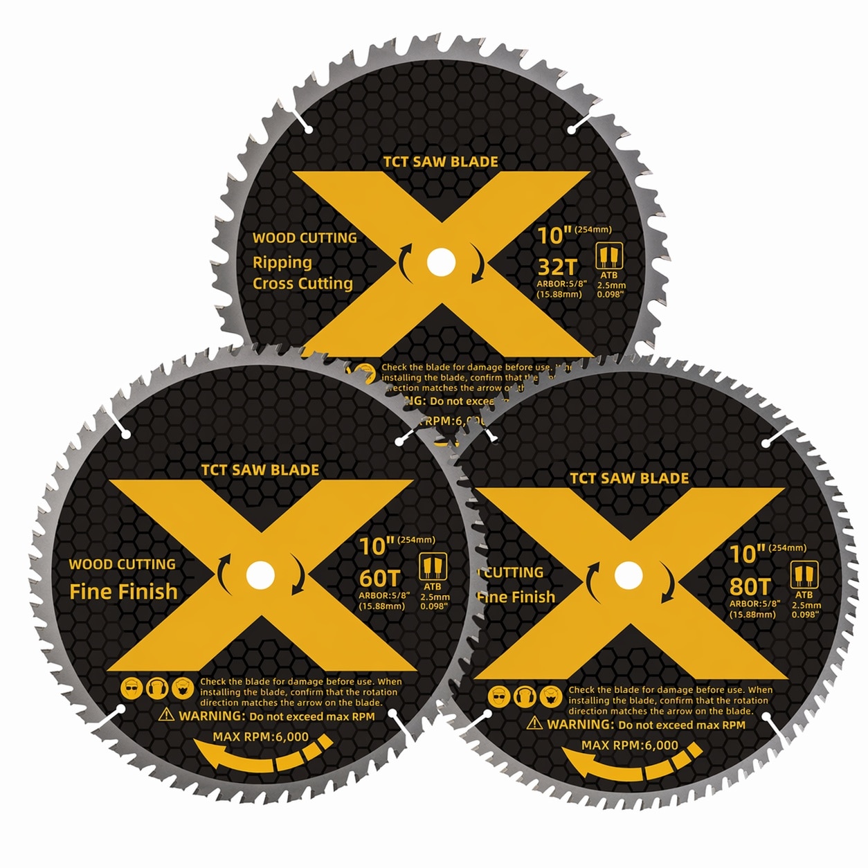 Aoibox  10 in table and miter saw blade set 32T 60T 80T fine and ultra fine finish wood cutting 3 pack Inch Unit