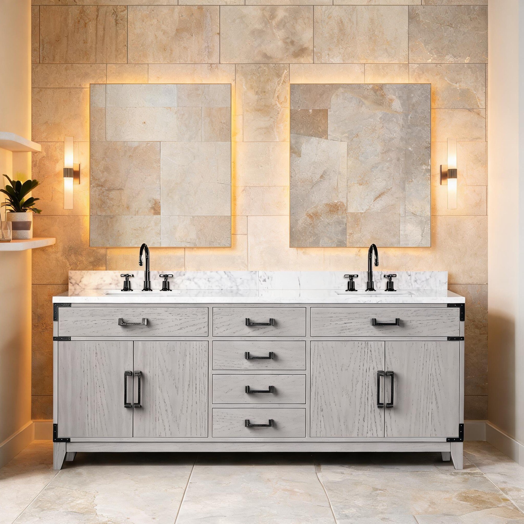 Watnature 80-Inch Double Bath Vanity with Ample Storage Soft White Finish Carrara Marble Top Chrome Faucet Set