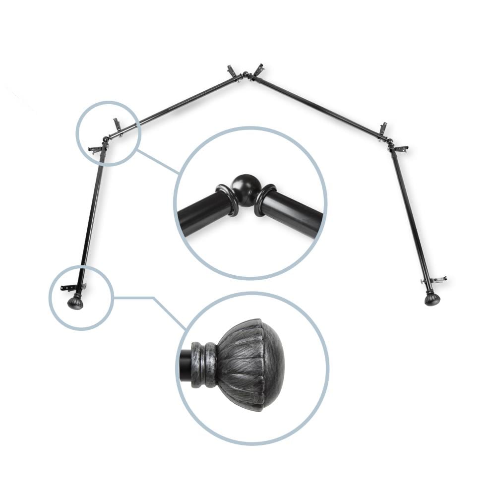 Hart & Harlow L4BAY-05-2 Melony 13/16-in 4-sided 28-in to 48-in Black Steel Bay window curtain rod with Finials