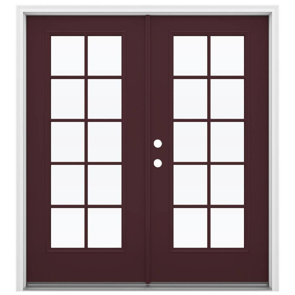 JELD-WEN 72-in x 80-in Low-e Simulated Divided Light Currant Fiberglass French Right-Hand Inswing Double Patio Door Brickmould Included in Red -  LOWOLJW182300066