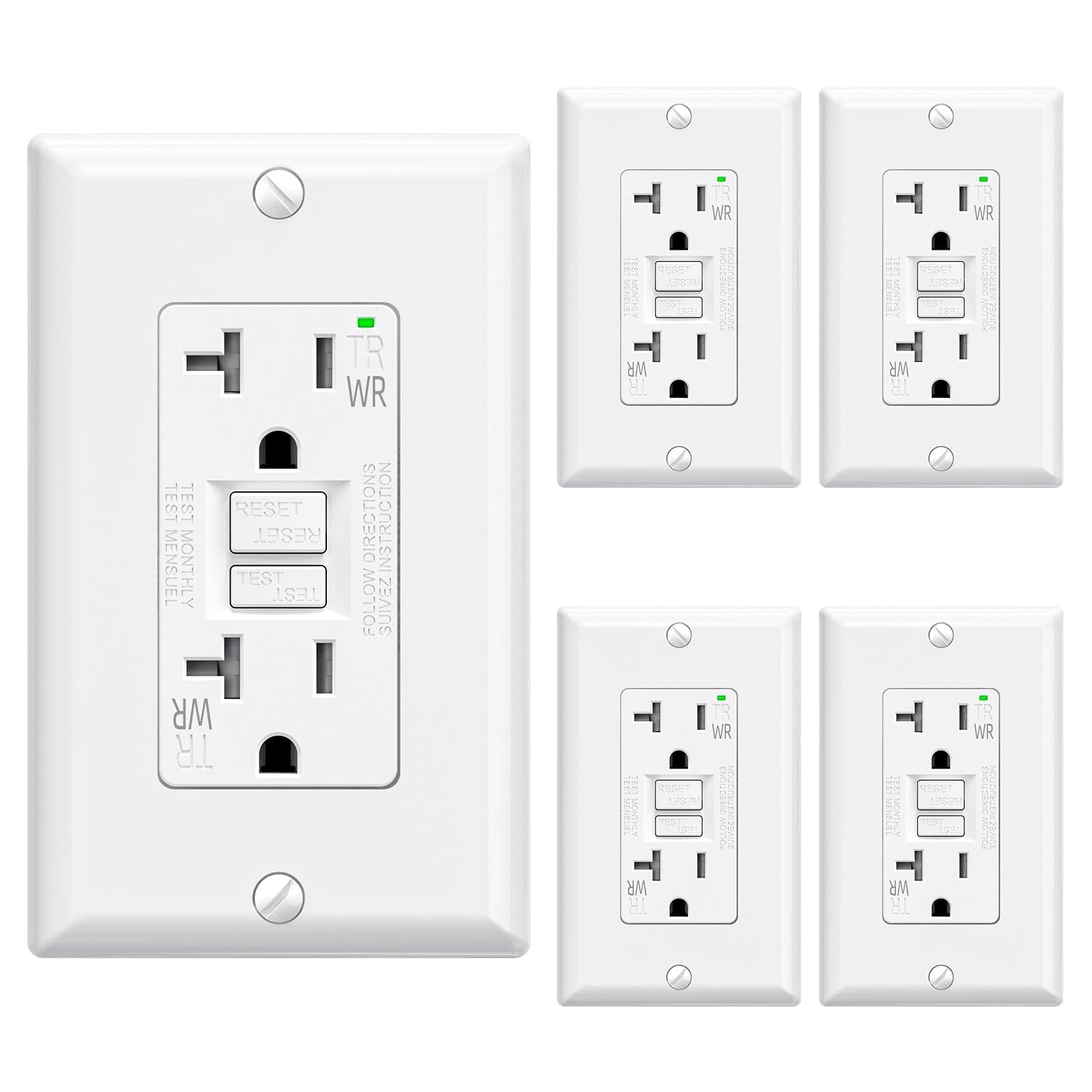 AOIZGMY  Outdoor GFCI Outlet 20 Amp Self-Test Tamper Resistant Narrow Electrical Receptacle with LED Indicator UL Listed White 5 Pack