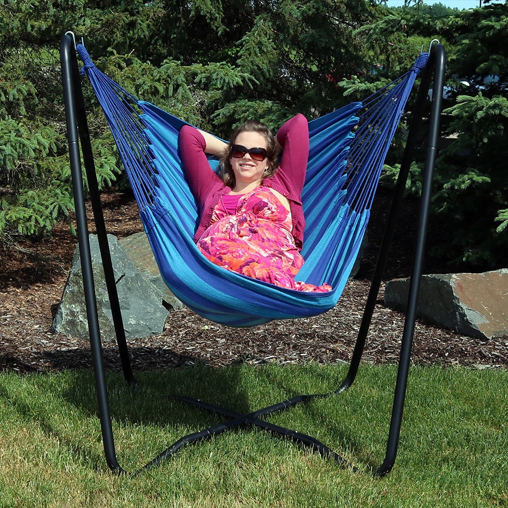 330-Pound Capacity Hanging Chair with Stand for Backyard & Patio Sunnydaze Hanging Rope Hammock Chair Swing with Space-Saving Stand Ocean Breeze 