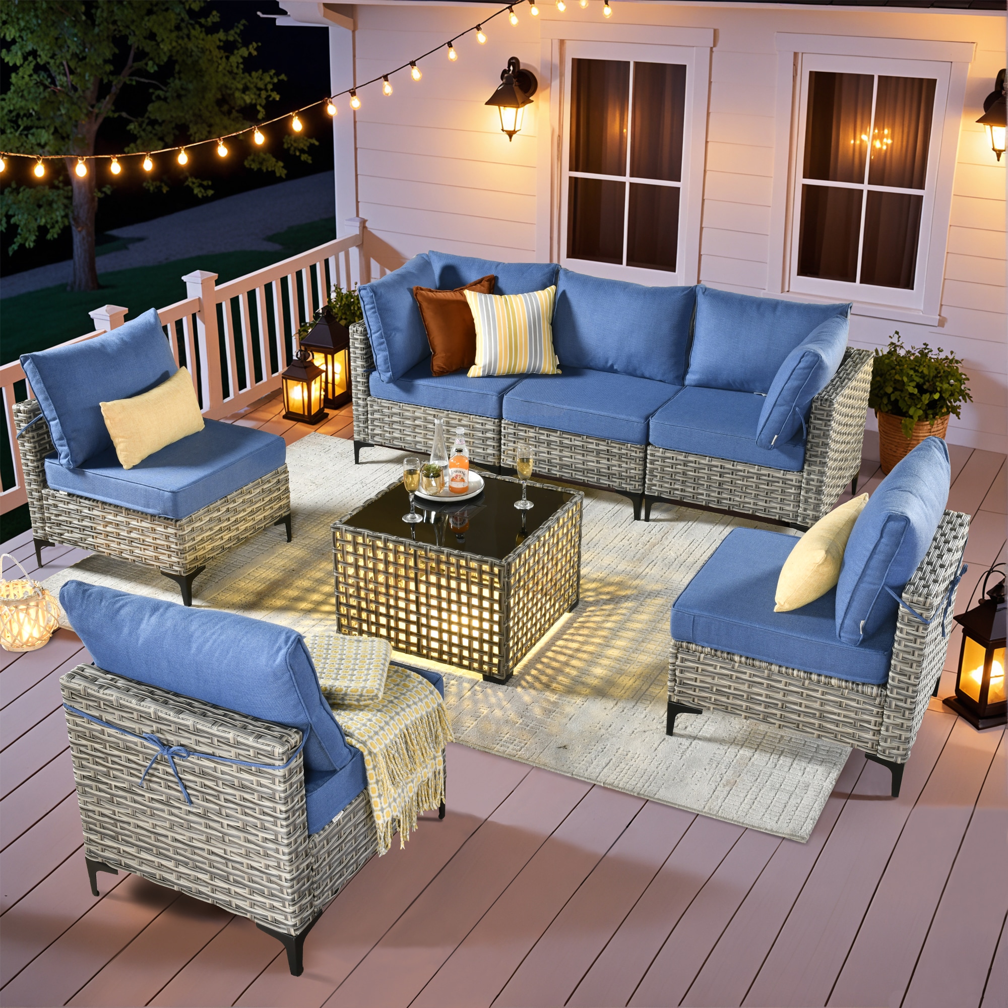 ALTRIGUS 6L-SKT507-AL 7 -Piece Wicker Patio Sofa Conversation Set with Blue Cushions