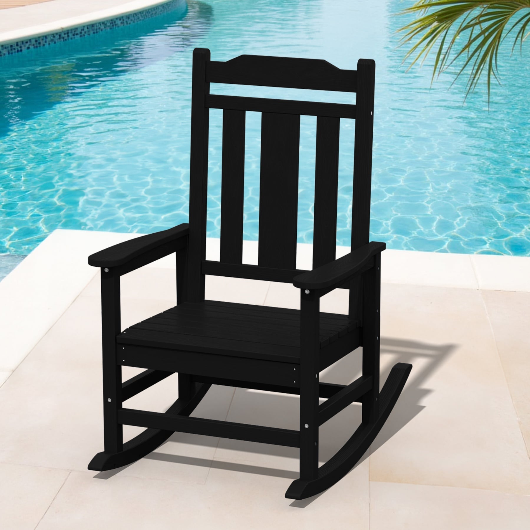JEAREY HDPE Patio Rocking Chair with Extra-Wide Seat Black HDPE Frame Rocking Chair with Slat Seat