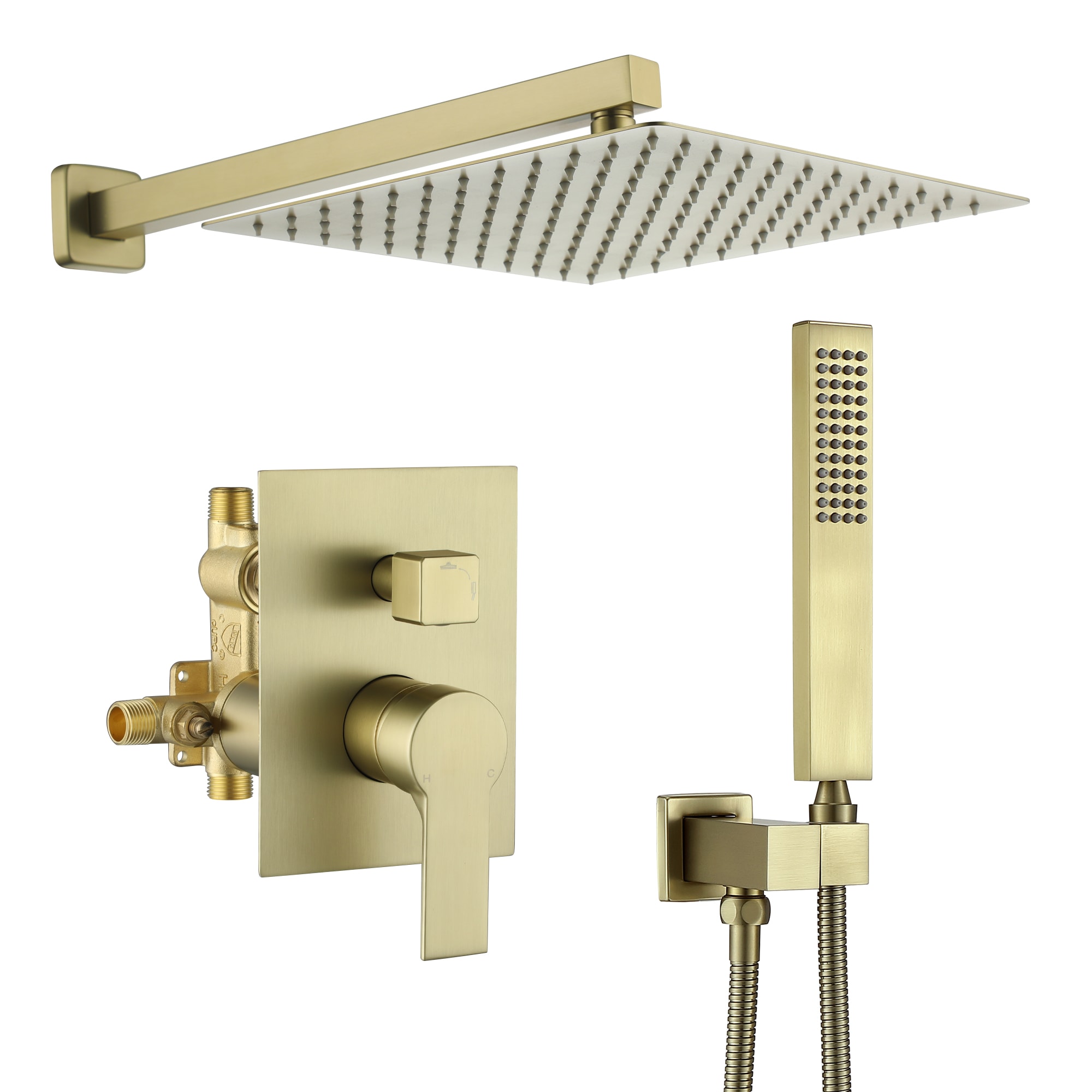 Mondawe MD-SMD03BG Brushed Gold 12-in Waterfall Dual Head Built-In Shower Faucet System with 2-way Diverter ( Pressure-balanced Valve Included )