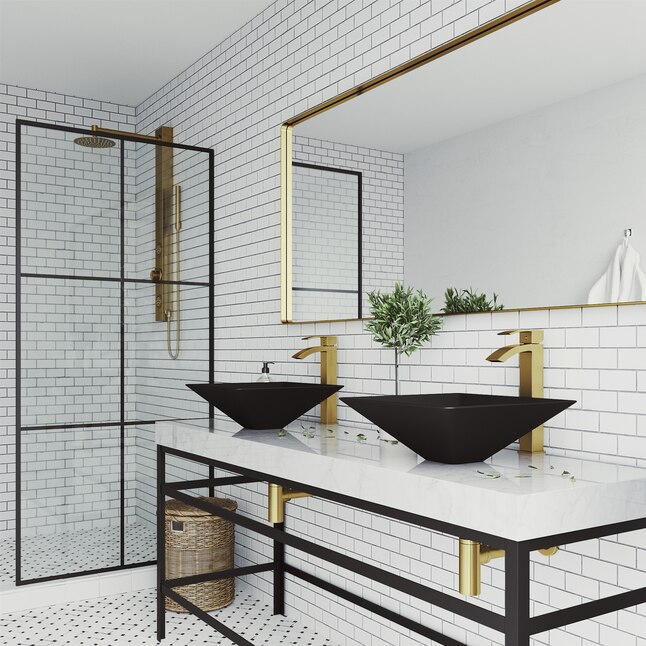 Serato Glass Vessel Bathroom Sink in Black with Duris Faucet in Matte Gold Serato Glass Vessel Bathroom Sink in Black with Duris Faucet in Matte Gold