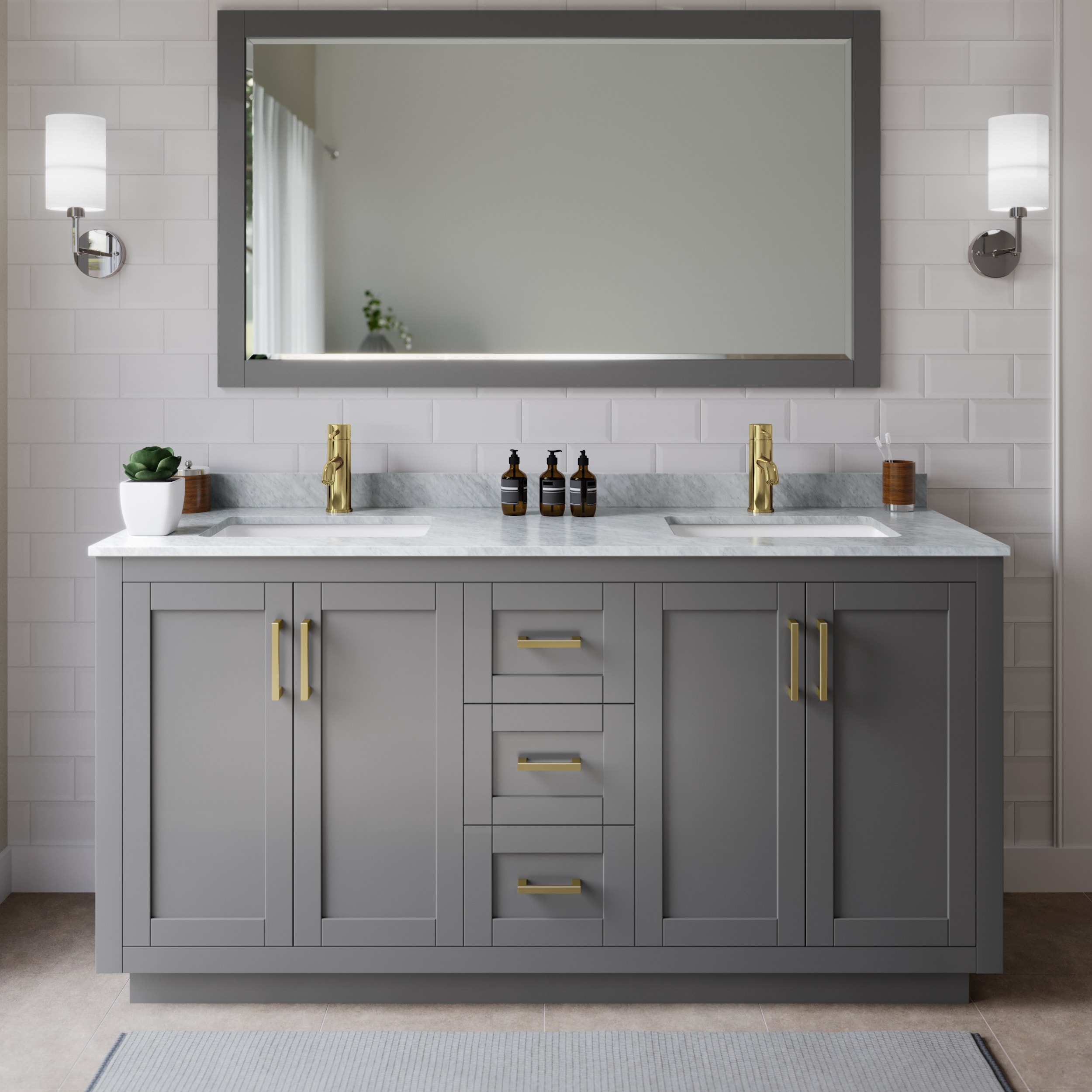 Wyndham Collection WCF292966DGGCMUNSM58 Miranda 66-in Dark Gray with Brushed Gold Trim Undermount Double sink Bathroom Vanity with White Carrara Marble Marble Top (Mirror Included)