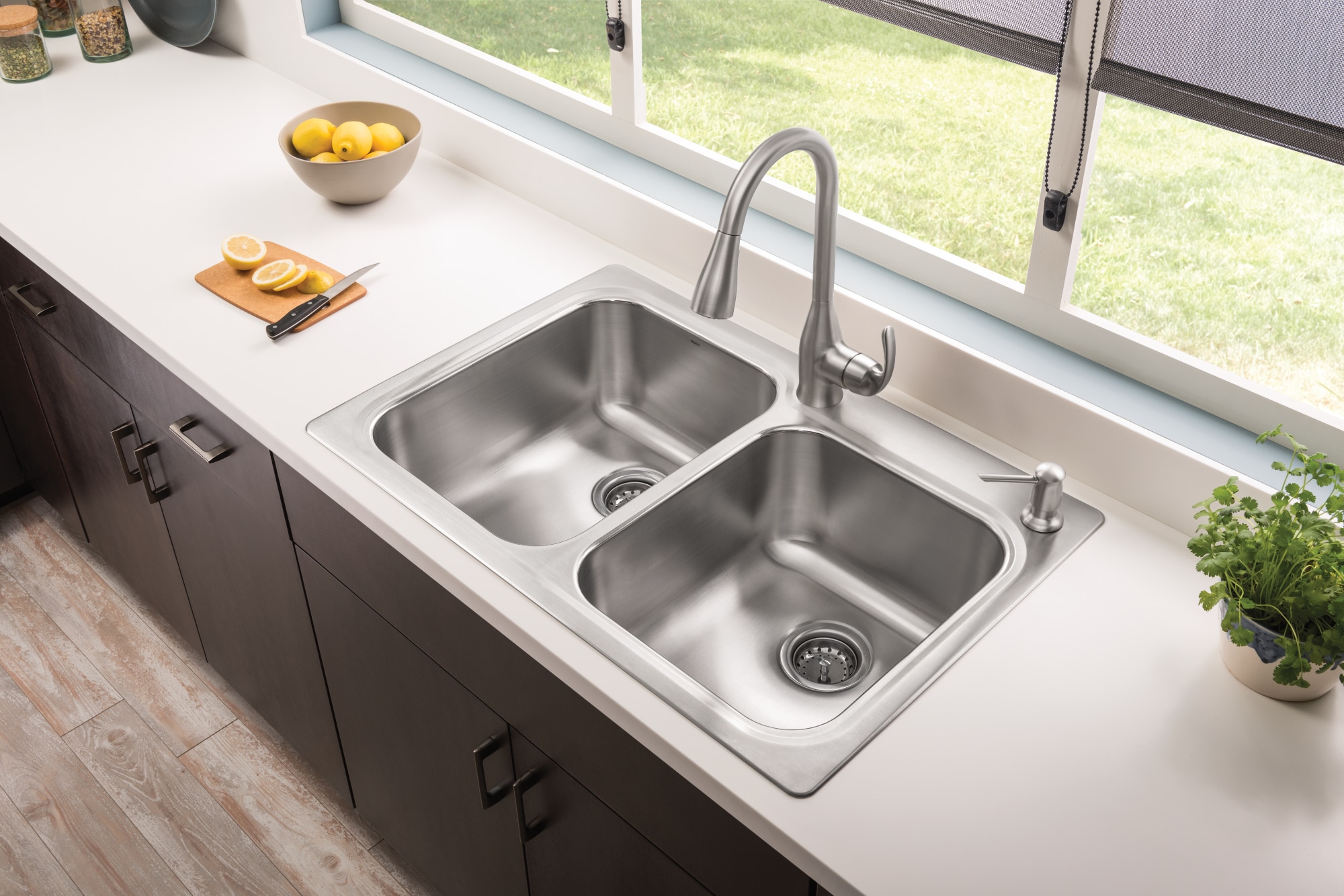 Moen Lainie Dual-mount 33-in x 22-in Stainless Steel Double Offset Bowl  2-Hole Kitchen Sink All-in-one Kit in the Kitchen Sinks department at
