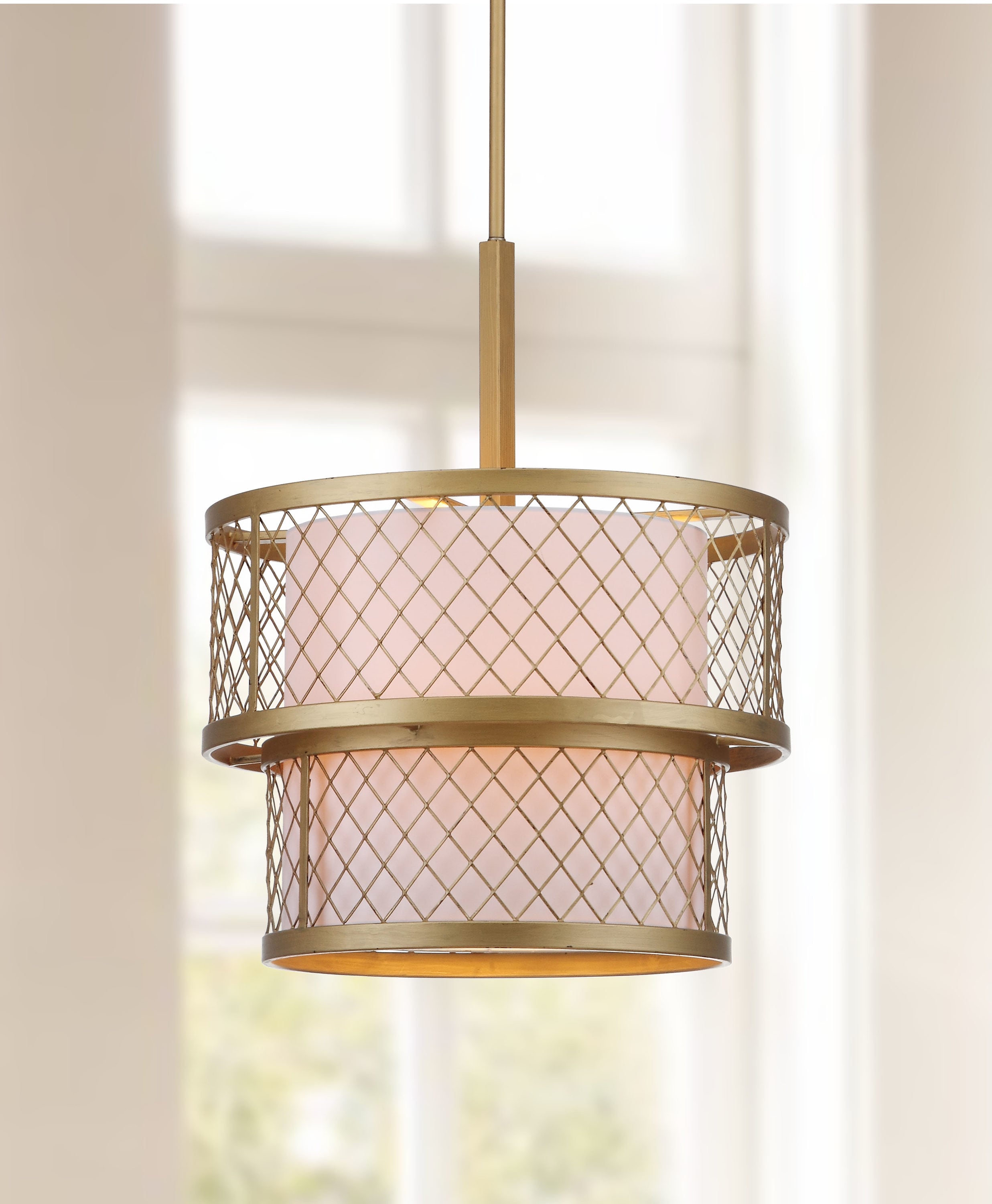 Contemporary Gold Mesh Drum Pendant Light with White Shade