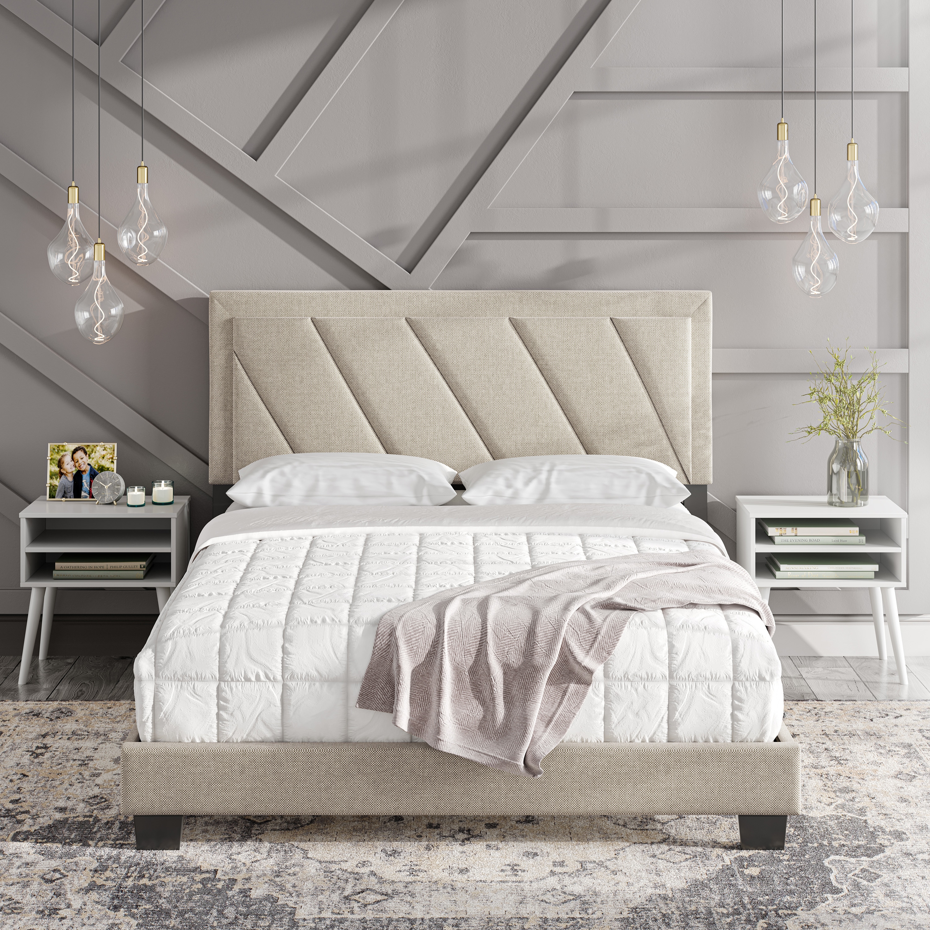 Boyd Sleep HC205701102 Diagonal Upholstered Platform Bed with Headboard- Mattress Foundation with Strong 4 Wood Slat Supports- Box Spring Required