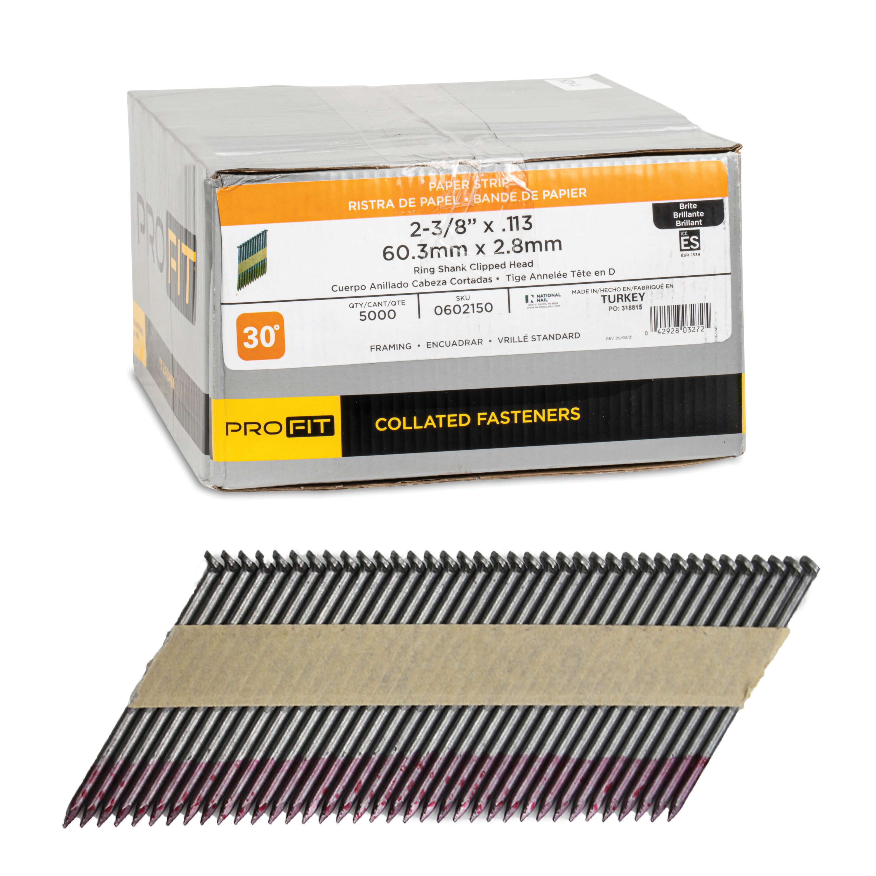PRO-FIT 0602150 2-3/8-in x 0.113-Inches 30 -Degree Bright Ring Shank Collated Framing nails ( 5000 -Per Box )