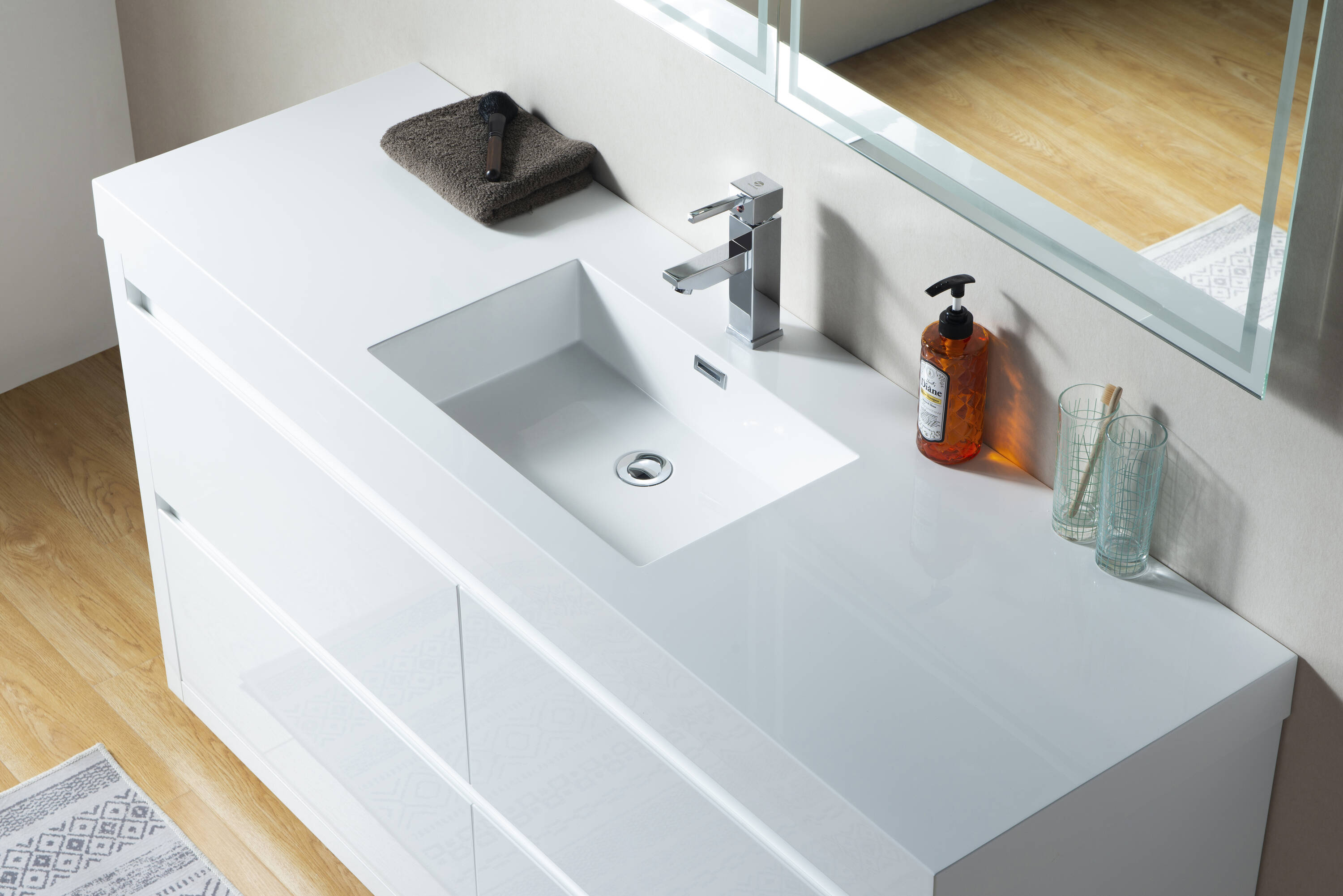 Glossy White 60-Inch Single Sink Bathroom Vanity with Resin Top