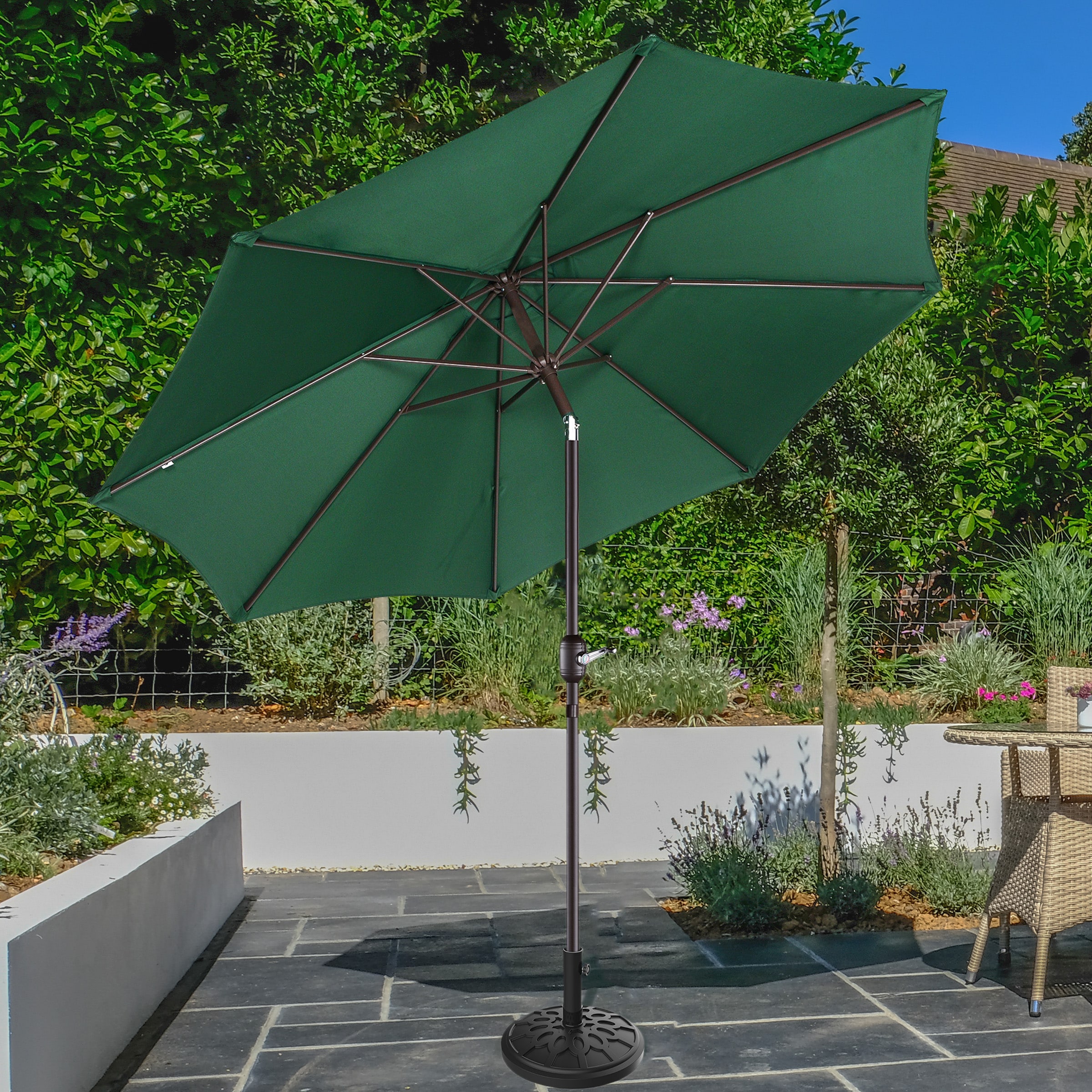 VILLACERA 83-OUT5440B 9-ft Aluminum Green Push-button Tilt Market Patio Umbrella with Base