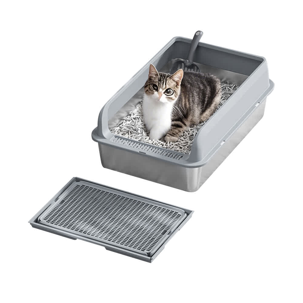 Qeetex WLS-PPS-333QQ6G4 Stainless Steel Cat Litter Box with Lid Litter Box with High Sided for Big Cats Double Layer Litter Mat And Scoop Included Non-Stick Bottom Anti-Leakage