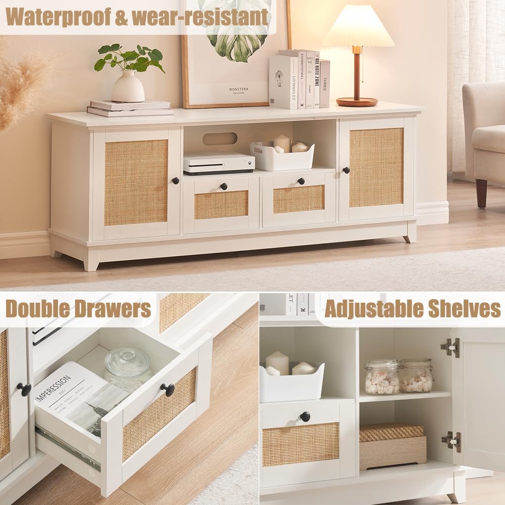 Qeetex TV Stand for 65+ Inch TV Rattan Entertainment Center TV Media Console Table Modern TV Stand with Storage and Drawer TV Console Cabinet Furniture for Living Room - White