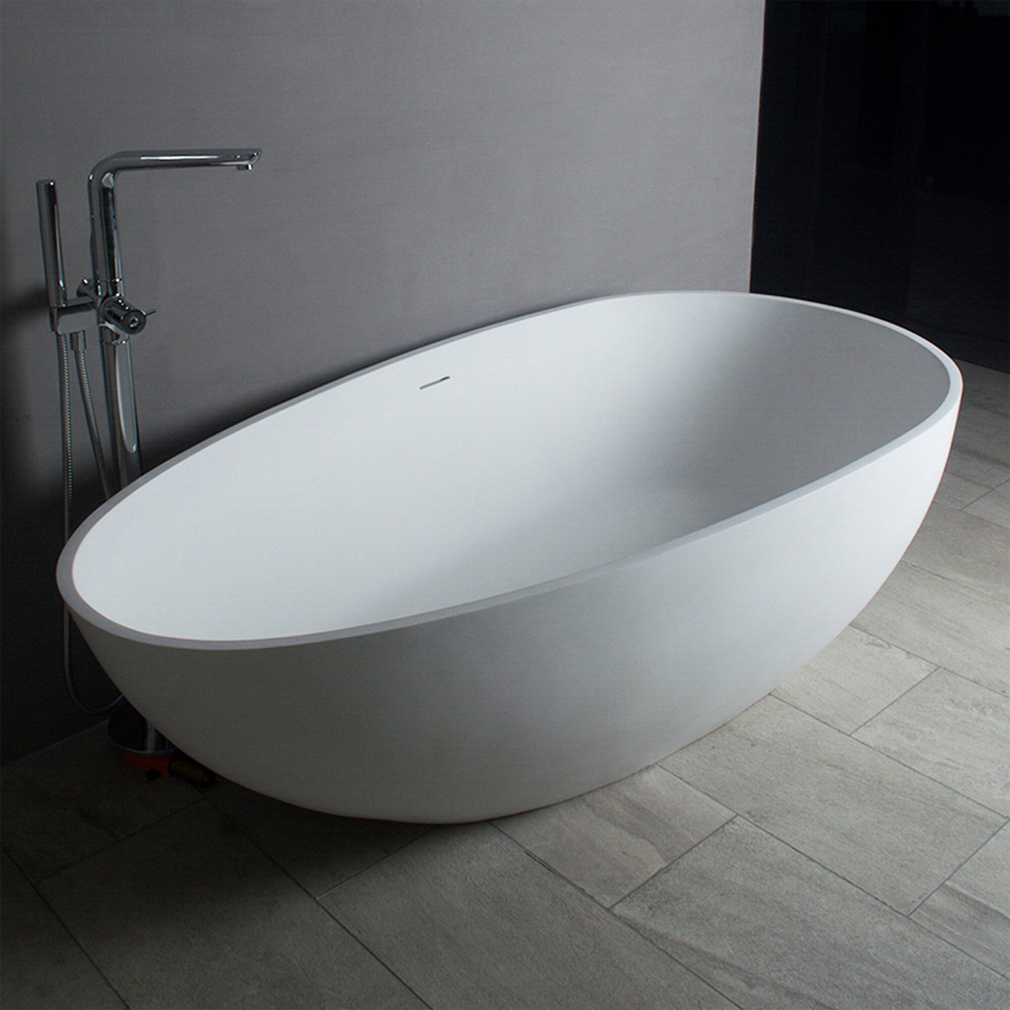 Matte White 59'' Freestanding Solid Surface Soaking Bathtub