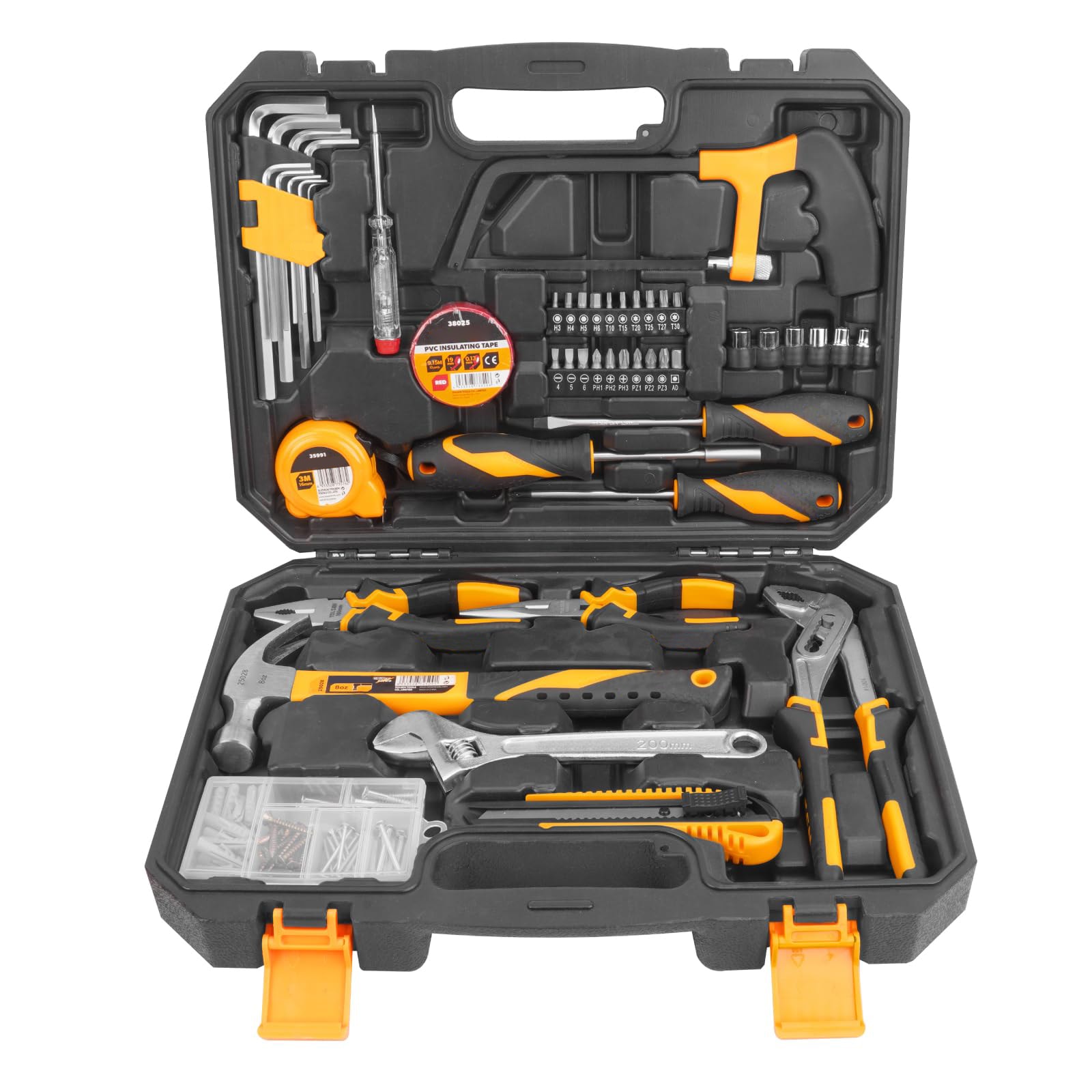 Afoxsos 119 Piece Home Tool Kit with Pliers Hammer Screwdrivers Hex Key Set Sockets Hacksaw Voltage Tester Tape and Case 15.35 x 12.01 x 3.54 in #LAF1225T22