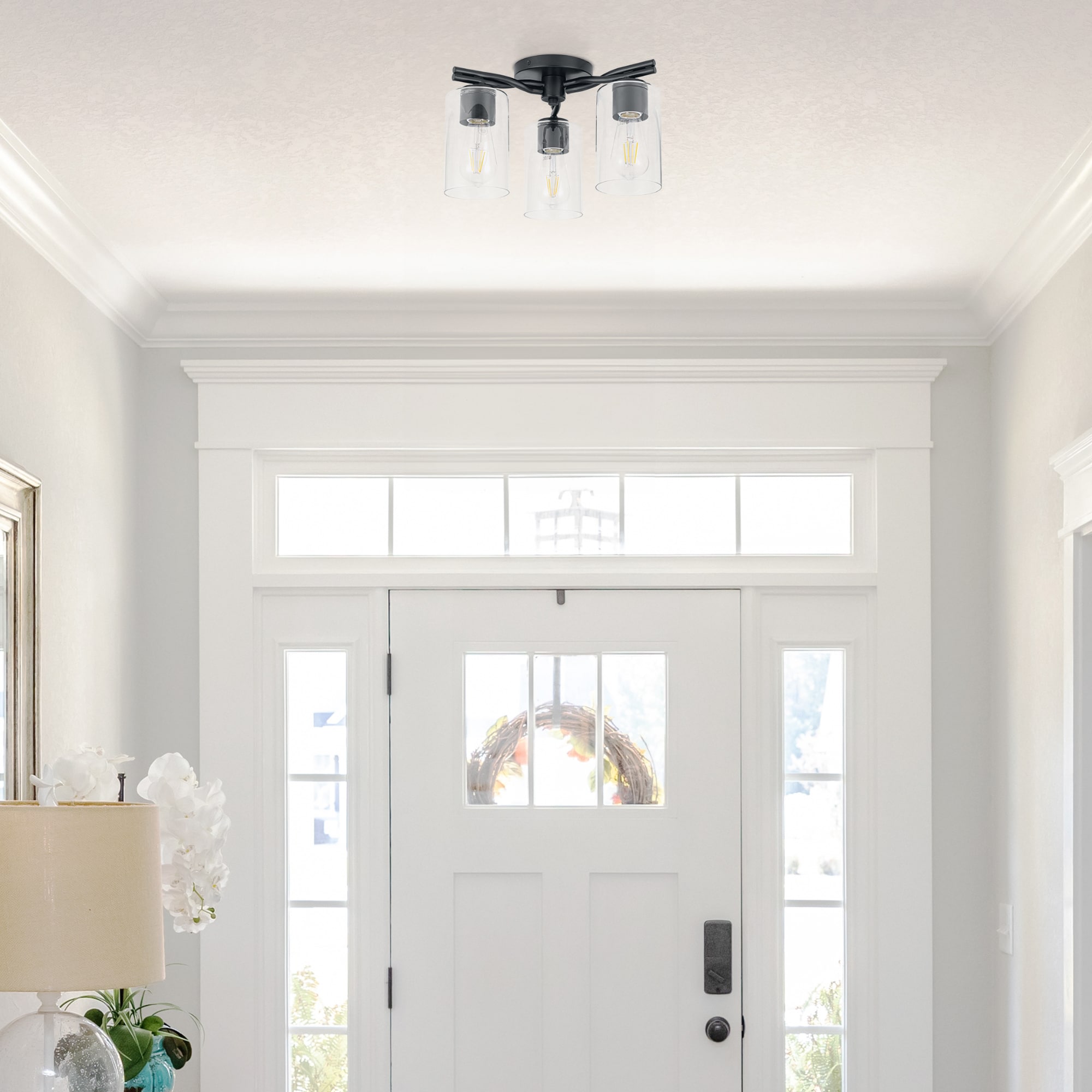 Matte Black 3-Light Semi-Flush Mount with Clear Glass Shades