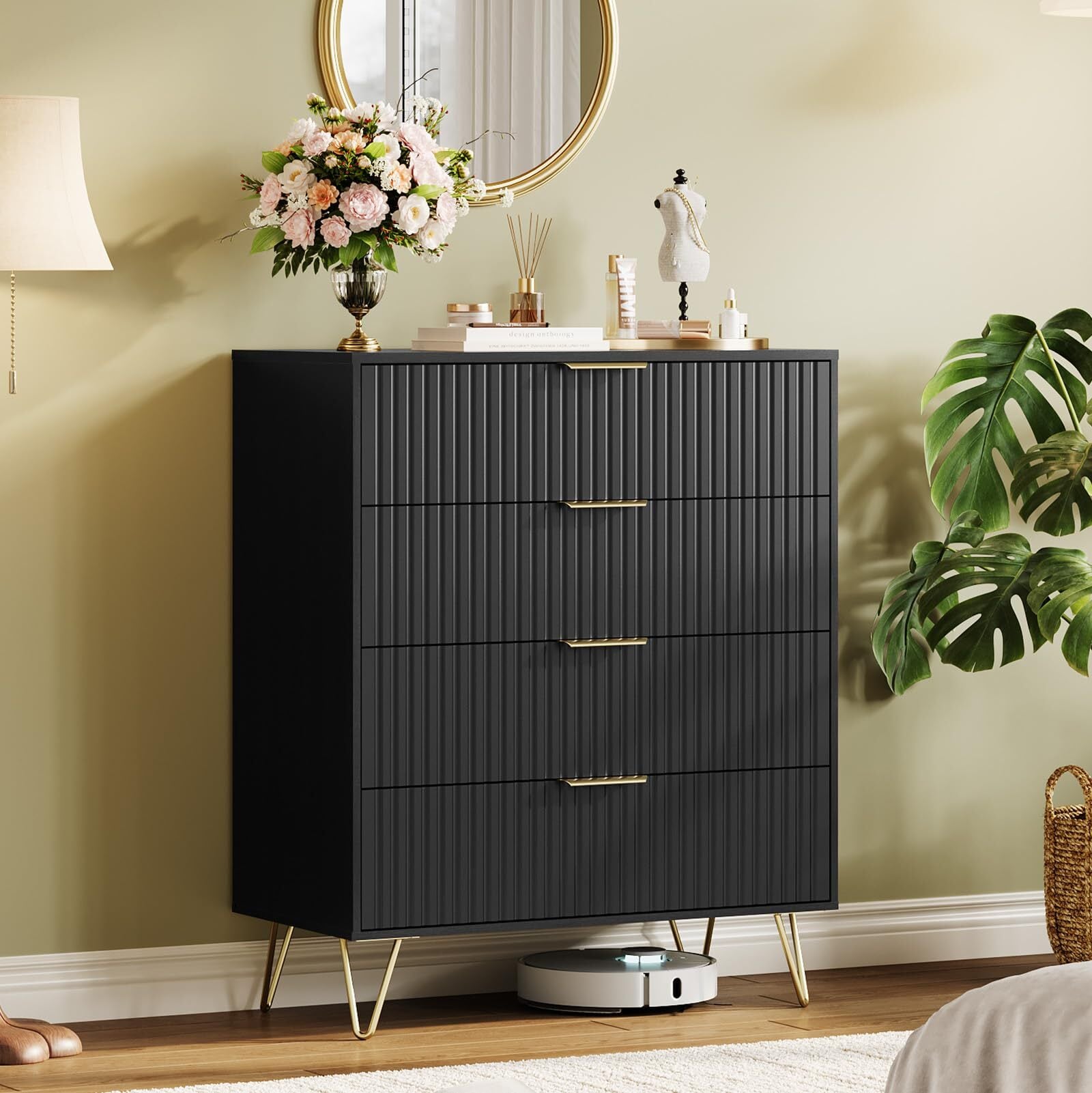 GarveeLife Modern Wood Dresser with 4 Fluted Drawers Large Storage Chest for Bedroom or Living Room