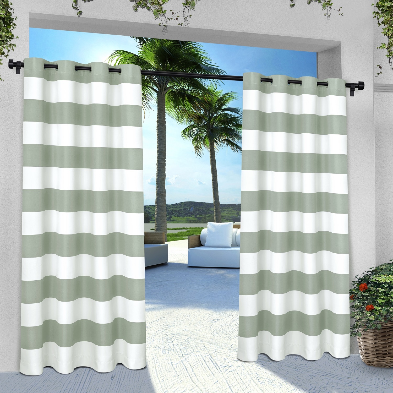 Exclusive Home EH8001-02 2-84G 84-Inches Outdoor Seafoam Striped Light filtering Grommet Curtain panel pair