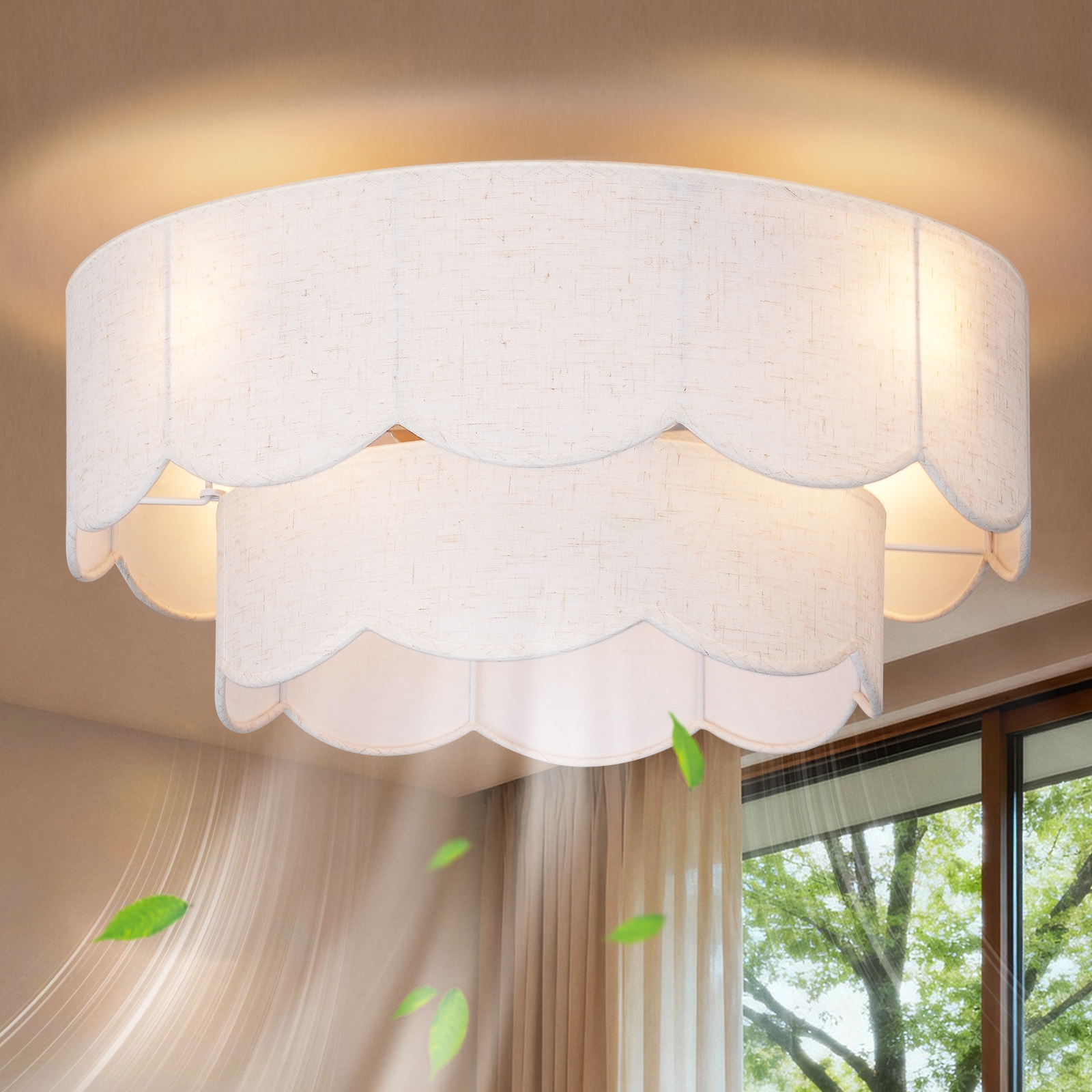 Ltemziiy 20 Inch Beige Linen Double Tier Flush Mount Ceiling Fan Light Scalloped Enclosed Ceiling Fan with Remote Reversible DC Motor for Bedroom Nursery Living Room