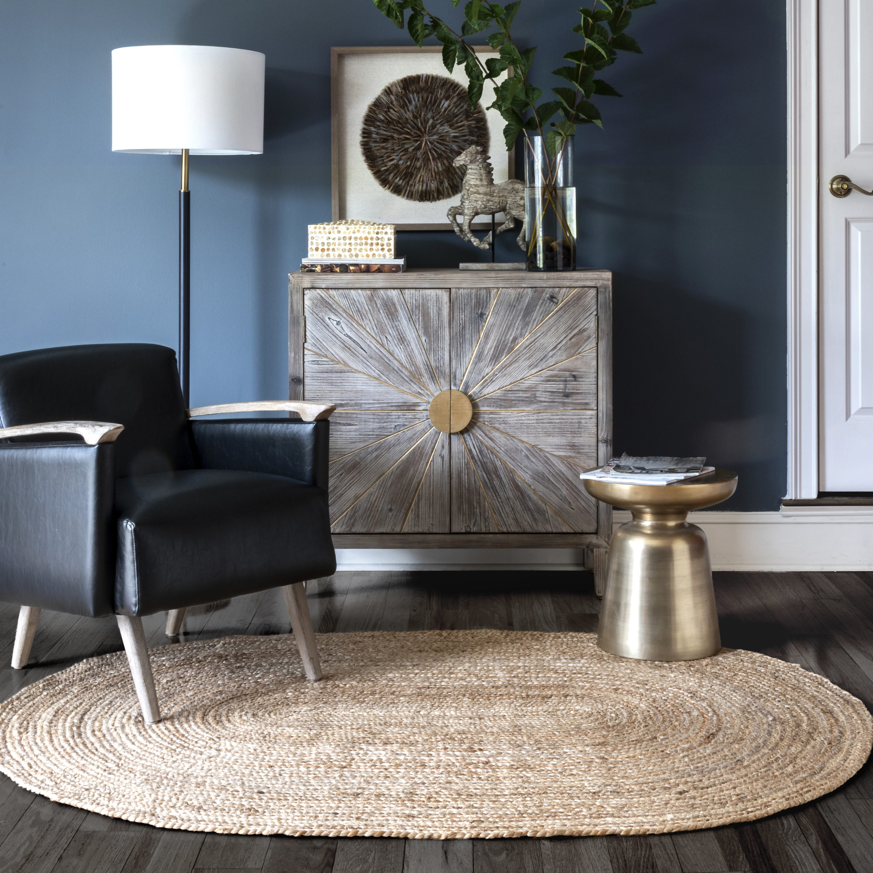 Rug Area Jute Black Line Oval Shape for Living Room Bedroom Kitchen Dining  Room Carpet (48 x 84 inch (4x7 Feet))