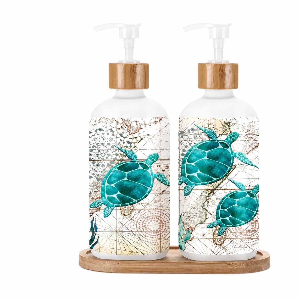 Aoibox  2 Pack Sea Turtle Glass Soap Dispenser Set with Wood Tray 16 oz Coastal Ocean Themed Bathroom Kitchen