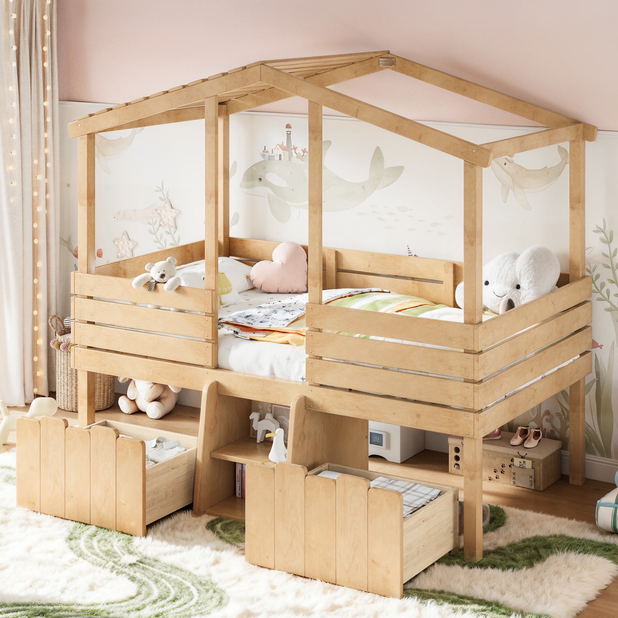 Bellemave House Loft Bed with Stairs and Storage Drawers for Kids