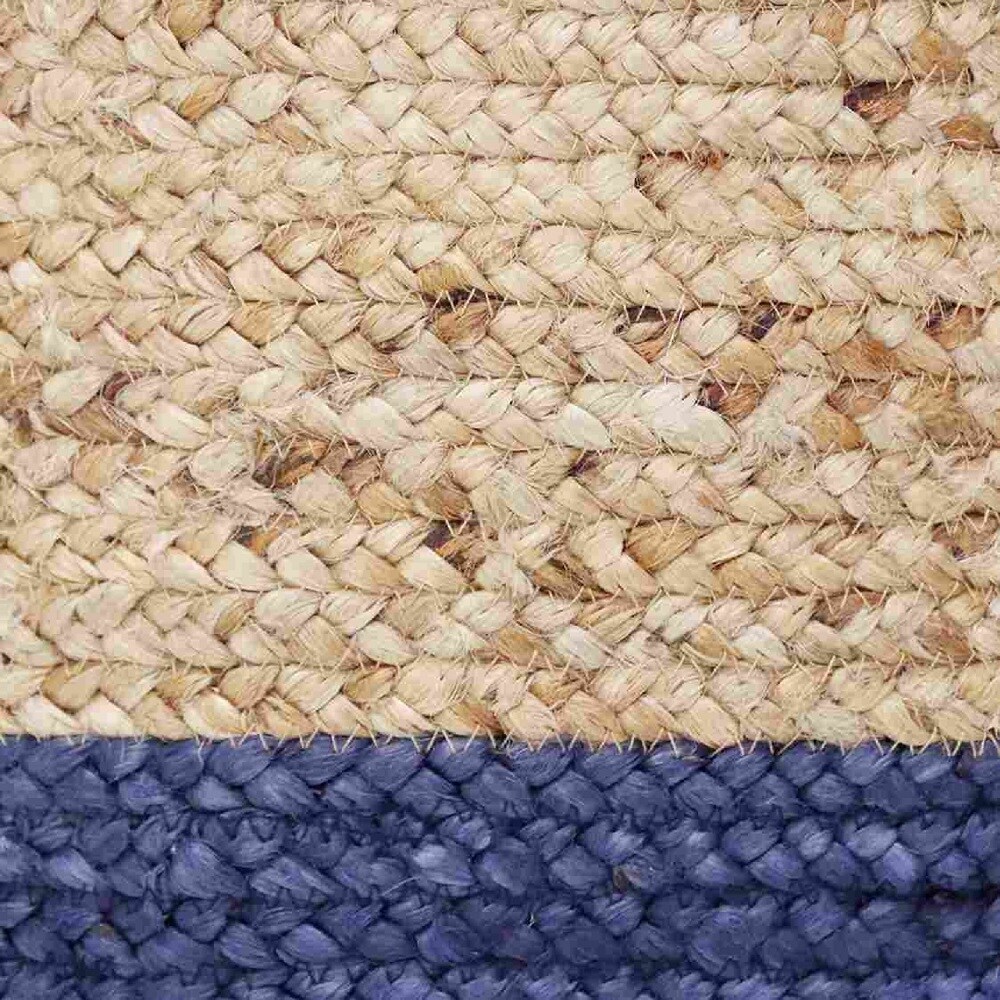 Handmade Round Tan and Sapphire Blue Jute Storage Basket with Loop Handles