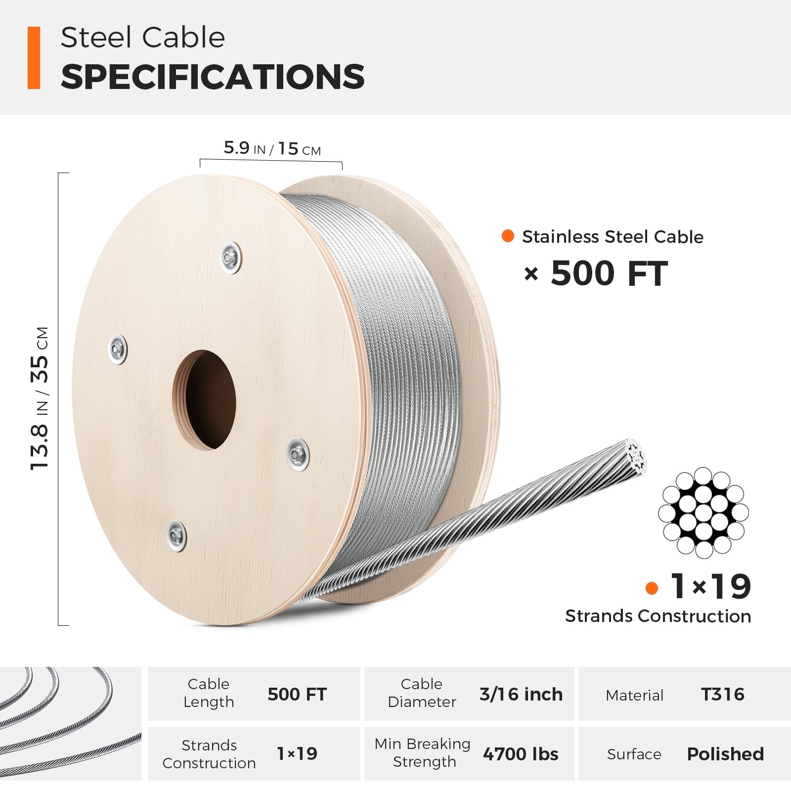 Etokfoks  3 16 in x 500 ft Stainless Steel Cable for Railing System 1x19 Strand 4700lb Strength Polished 1 Pack