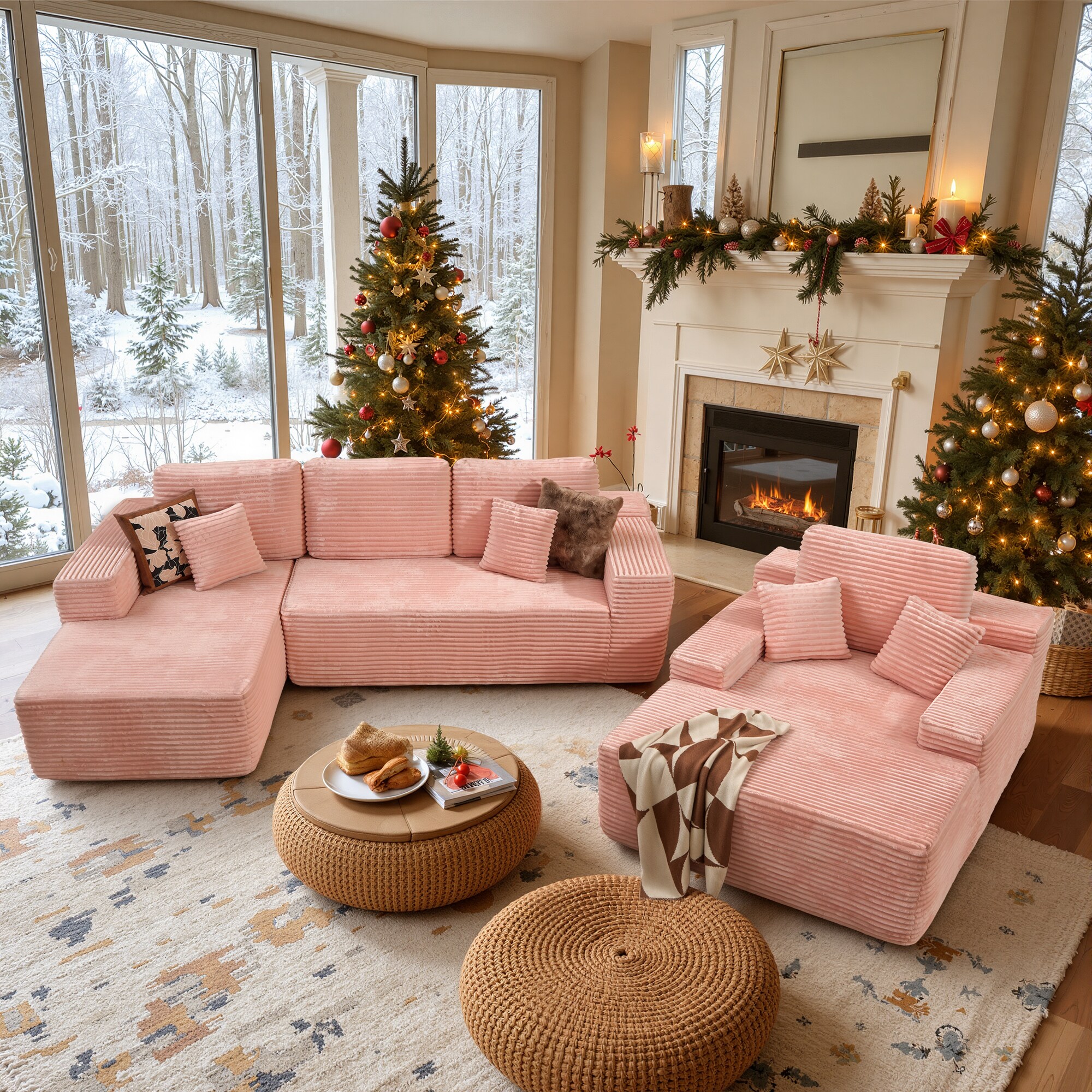 XIZZI Vanilla 106.2-in W Modern Pink 4-seater Reclining Sectional