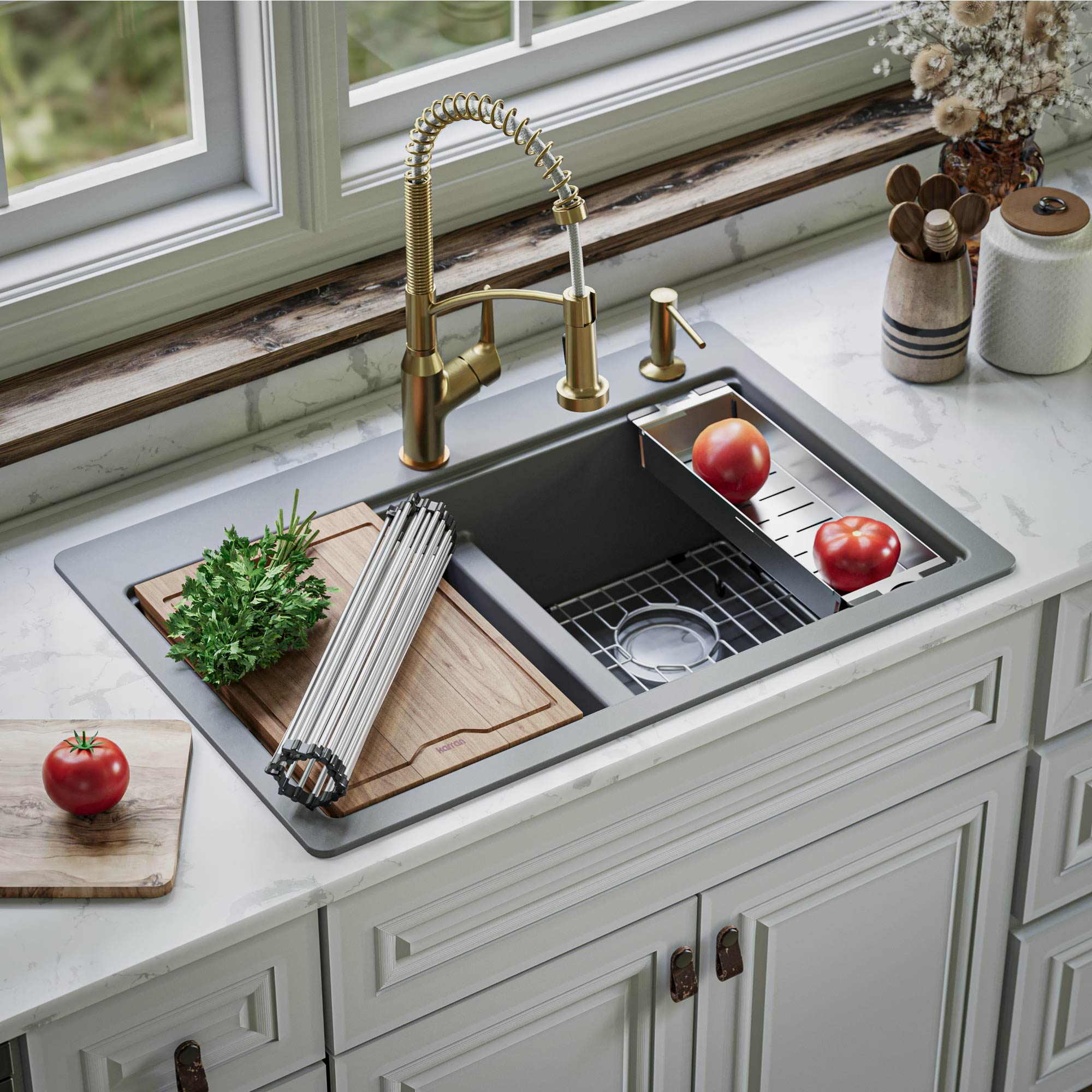 Karran QTWS-880-GR Drop-in or undermount 33-in x 22-in Quartz Double equal bowl Workstation Kitchen Sink with Drainboard