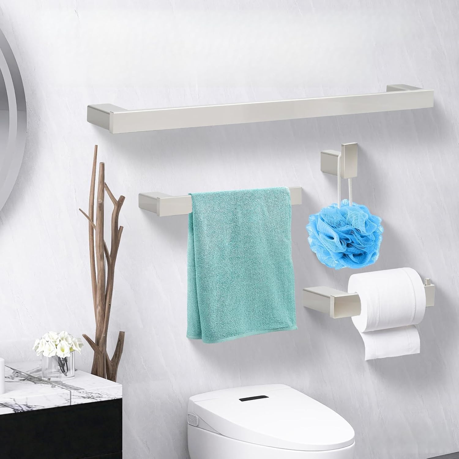 Klabb 4-Piece Stainless Steel Bathroom Hardware Set with 24-Inch Towel Bar Toilet Paper Holder Robe Hook and Towel Rack Wall Mounted Rustproof Metallic Finish