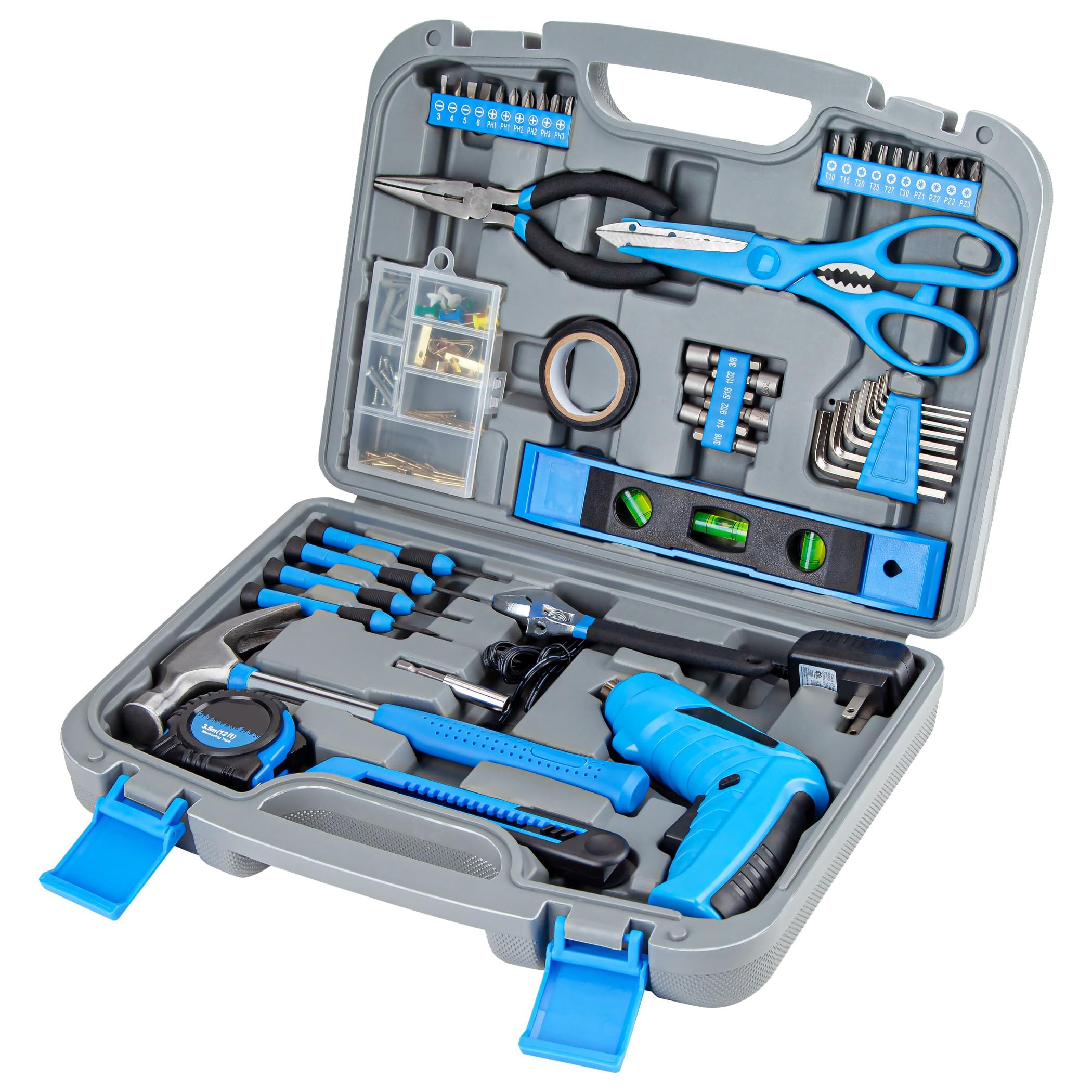 Afoxsos 149 Piece Tool Set General Household Hand Tool Kit with Cordless Screwdriver Blow Molded Case Corrosion Resistant #LAF1225T08