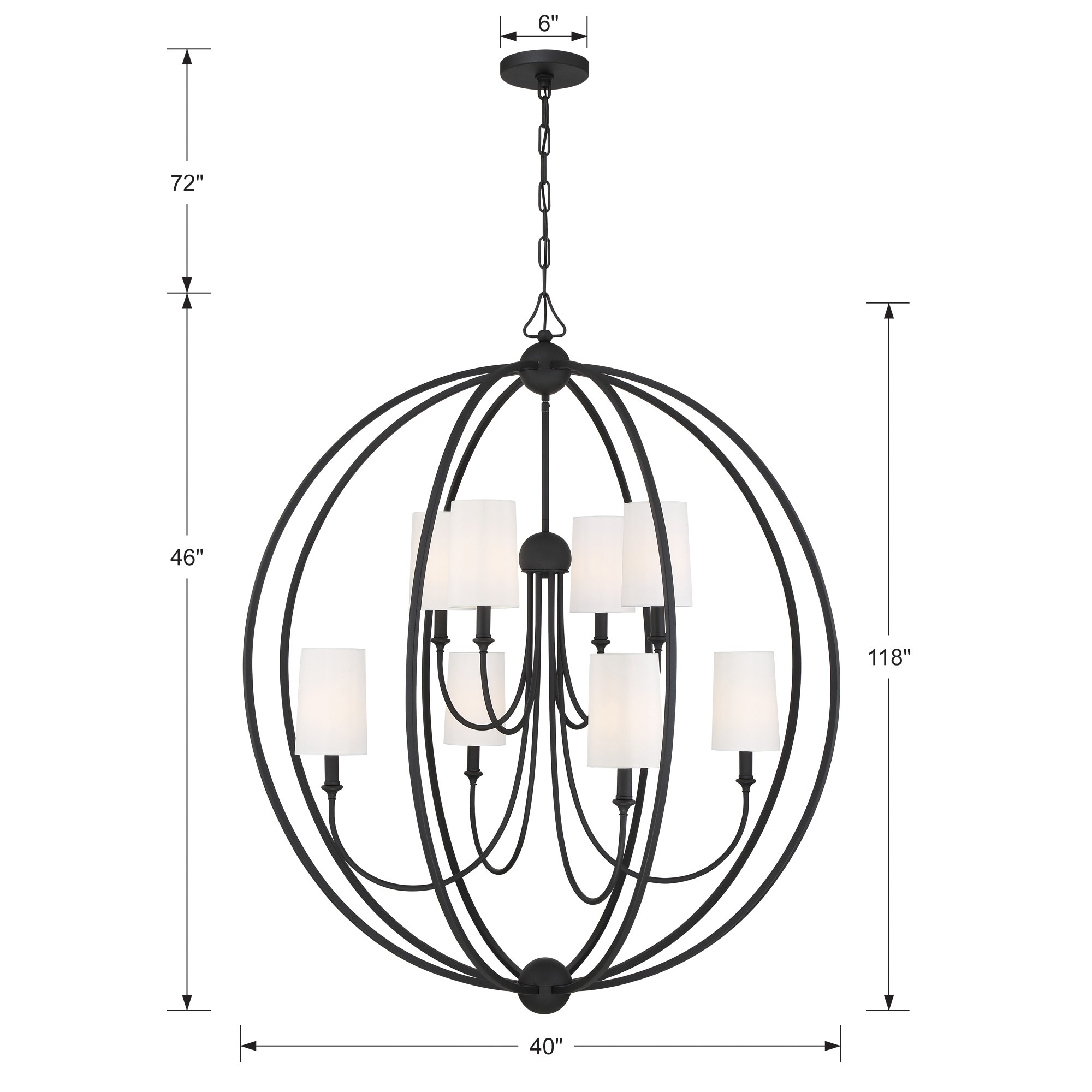Sylvan Black Forged 8-Light Chandelier with Ivory Silk Shades
