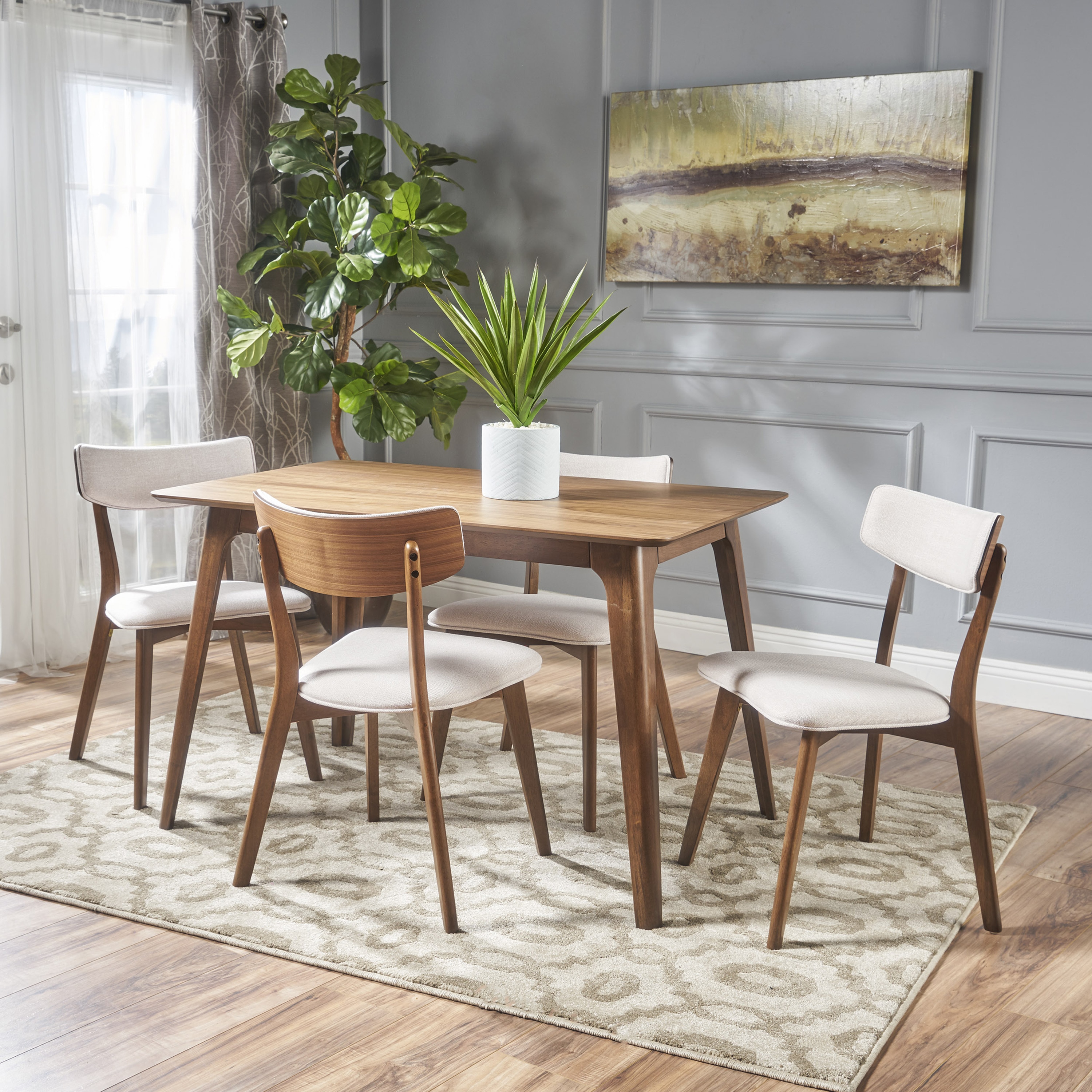 Christopher Knight Home 301335 Megann Mid Century 5 piece Wood Rectangle Dining Set-Natural Walnut + Light Beige