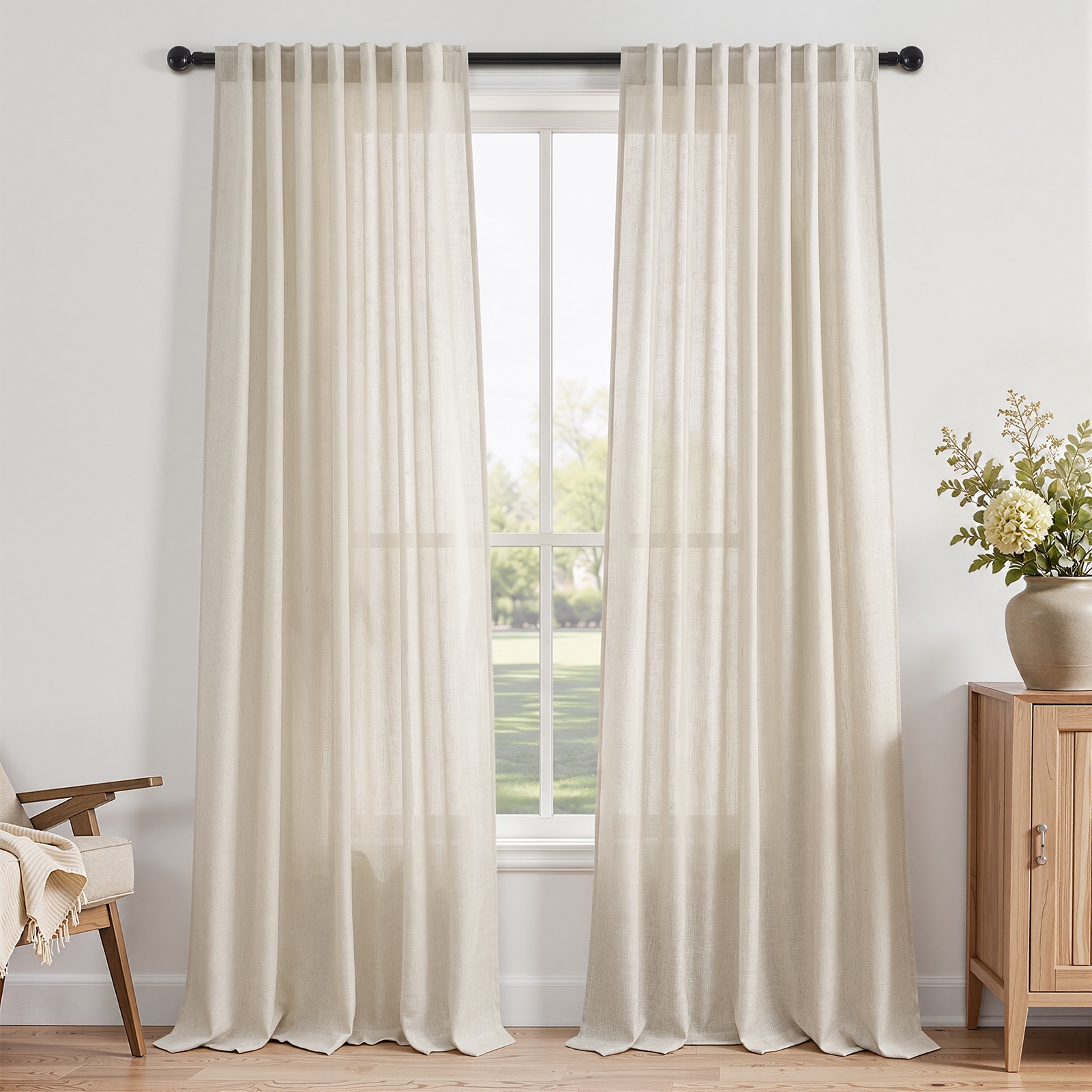 Topfinel 96-in Cream Linen Textured Farmhouse Semi Sheer Back Tab Curtains panel pair