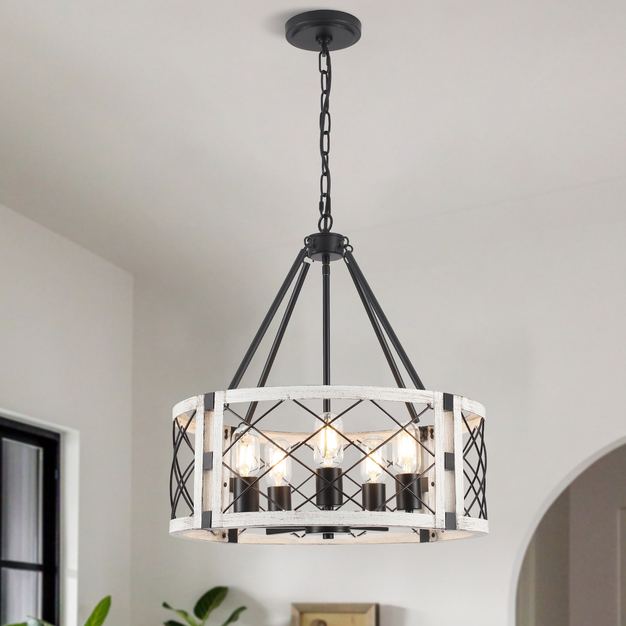 Zjvaive 19.68-in 5-Light Black and Distressed Off  White Rustic Farmhouse Drum Cage Chandelier