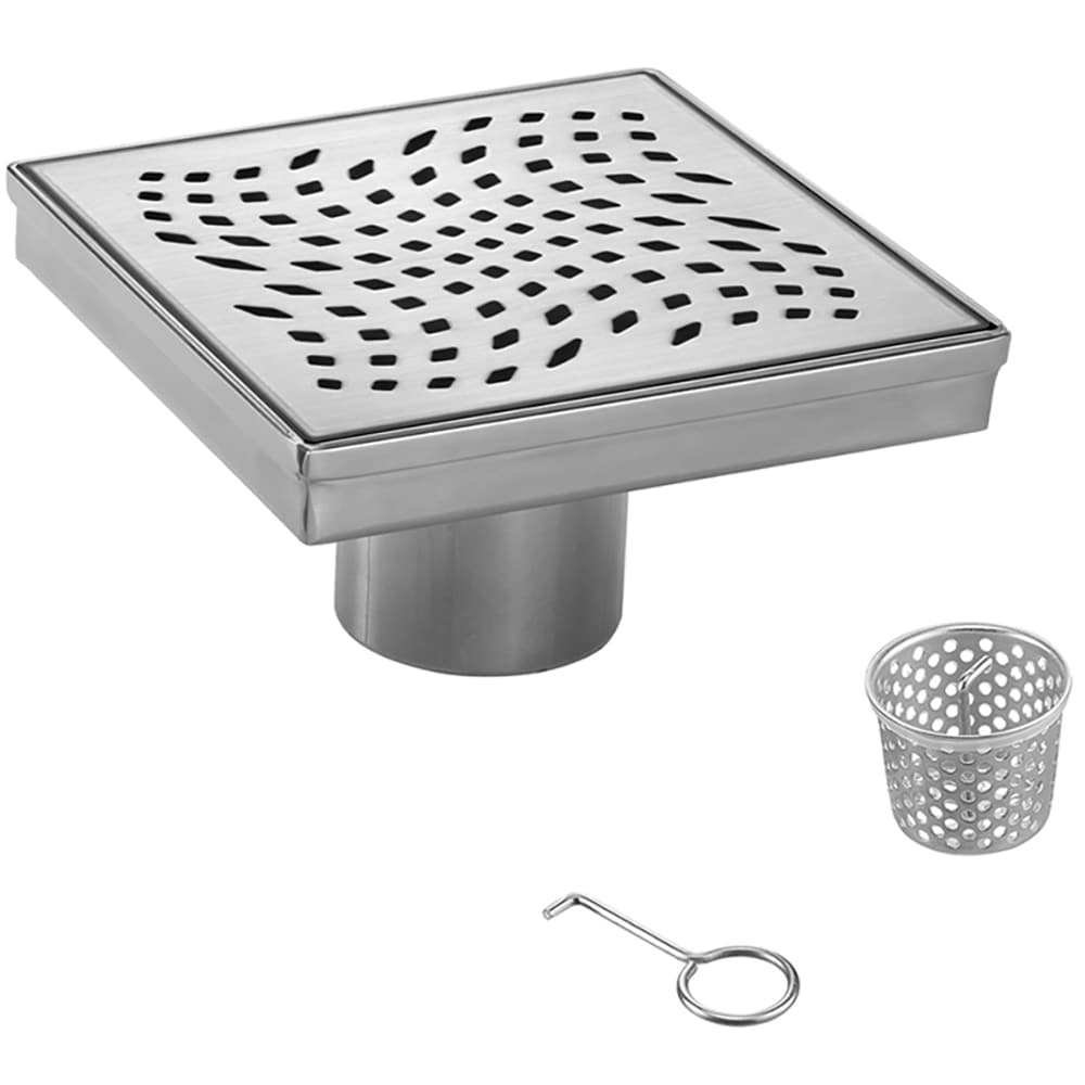 ELEGANTE DRAIN COLLECTION KD01A124-4 4 in. Wave Pattern Cover Stainless Steel Square Stainless Steel Shower Drain