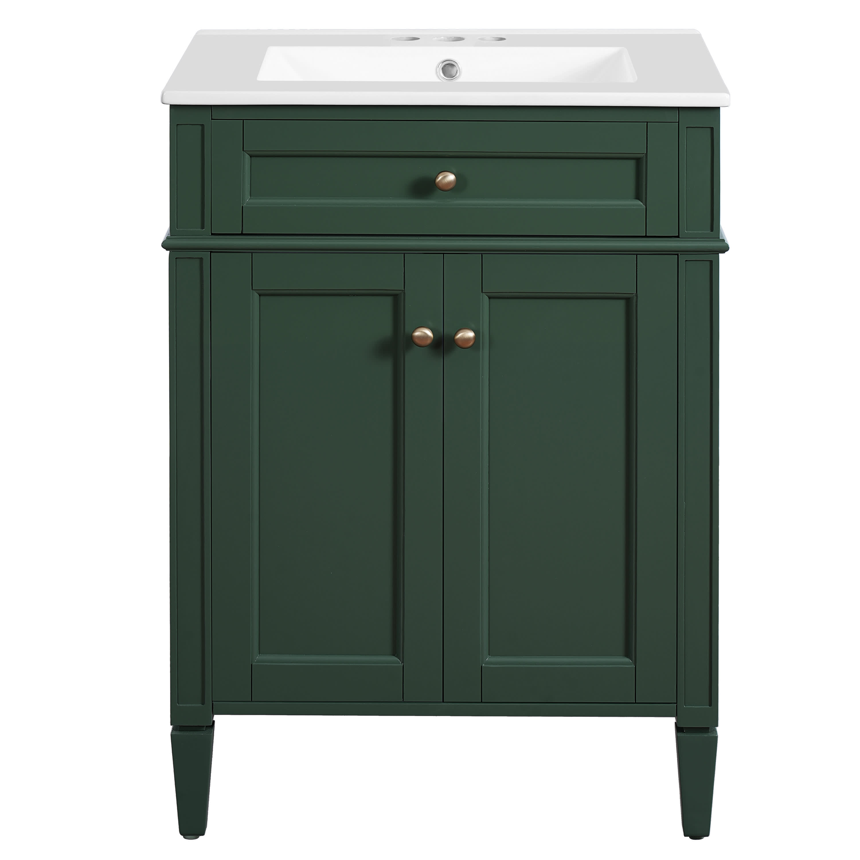 Vynxaria LEXY1359-DJYS-SZT129 24 inch Sage Green Single Sink Freestanding Bath Vanity with White Ceramic Top Two Soft Close Doors One Tip Out Drawer Adjustable Shelf