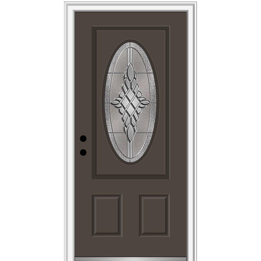 MMI DOOR ZZ3667307R 36-in x 80-in x 4-9/16-in Fiberglass Oval lite Right-hand inswing Brown Painted Prehung Front Door with Brickmould Insulating core