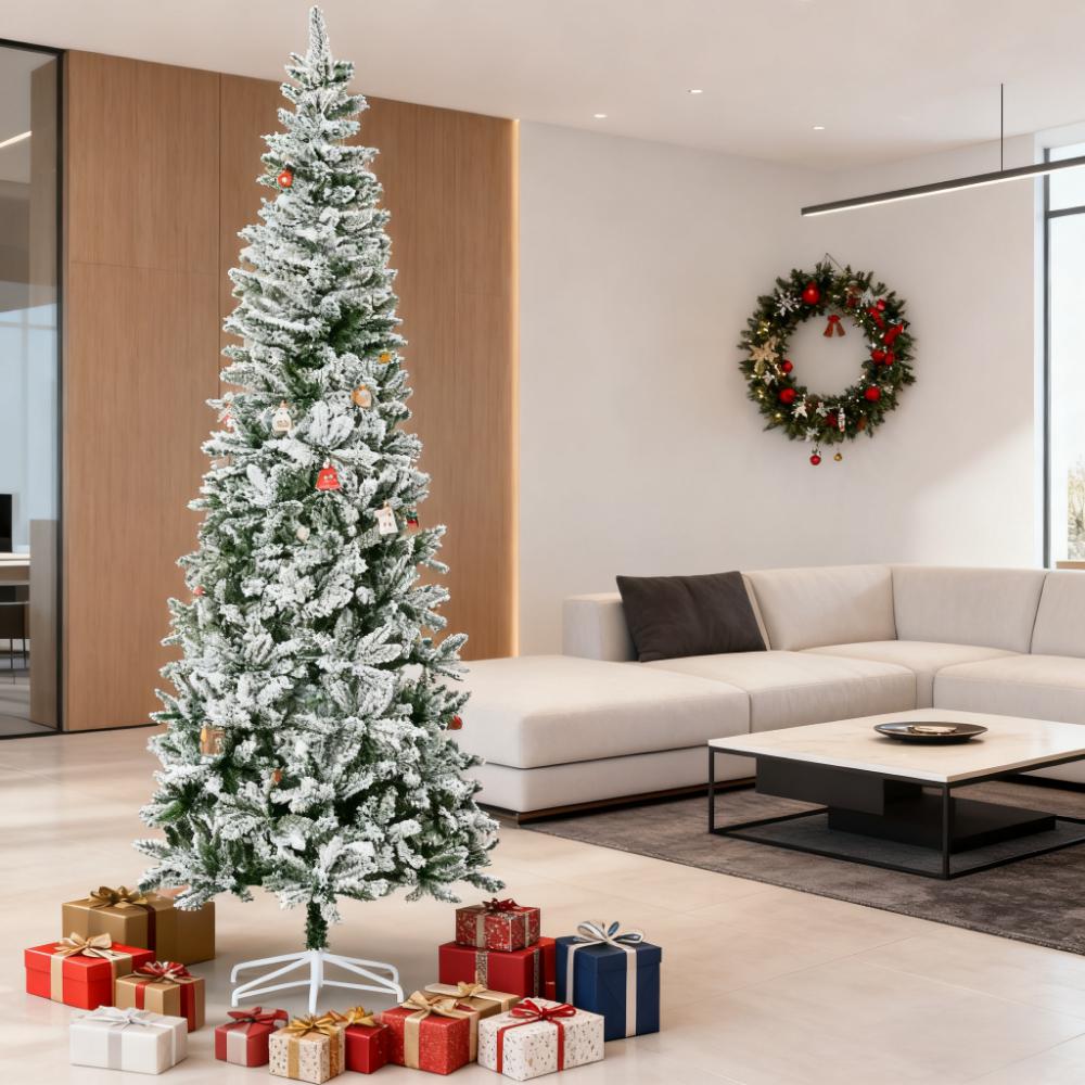 GLANZEND  8.86 ft-H Green PVC Steel Artificial Christmas Tree 1084 Branch Tips Snow Flocked Pencil Shape Full Shape Auto Open Branches Easy Assembly Detachable Steel Base Indoor Use Holiday Decor