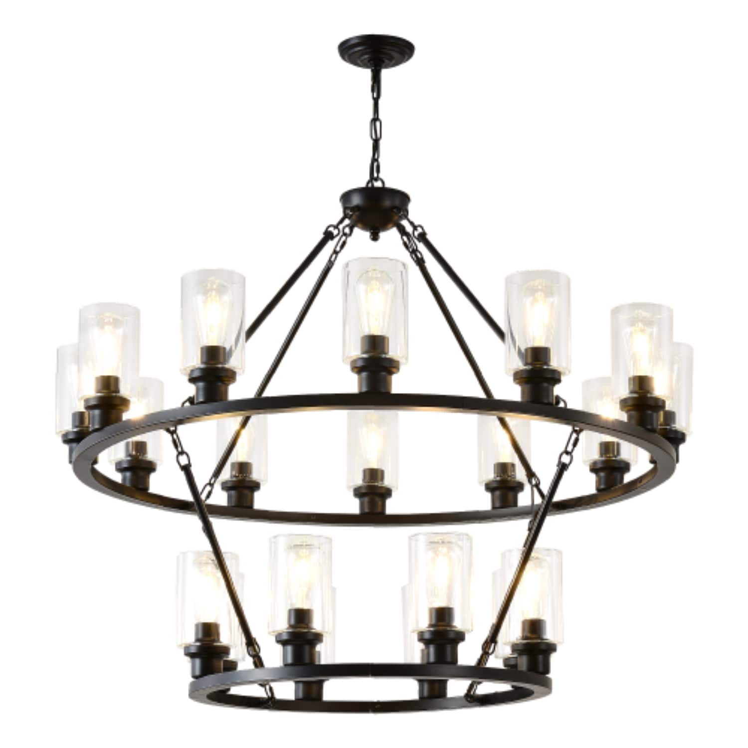 ZHLLMQ 20-Light Matte Black Farmhouse Clear Glass Metal 2-Tier Wagon Wheel Non-LED Chandelier