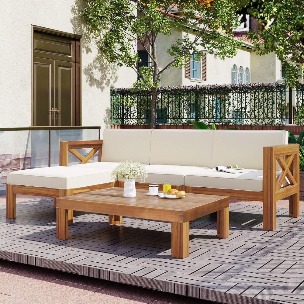 Coolbibila 5-Piece Acacia Wood Outdoor Sectional Sofa Set Beige Cushions Water Resistant Patio Conversation Set