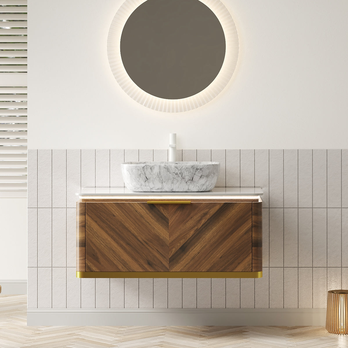 Boyel Living BL-W3377-00297 36 Bathroom Vanity with Sink Floating Plywood Cabinet Sensor Light Drawer Marble Pattern Rectangle Ceramic Vessel Basin Sintered Stone Dark Walnut