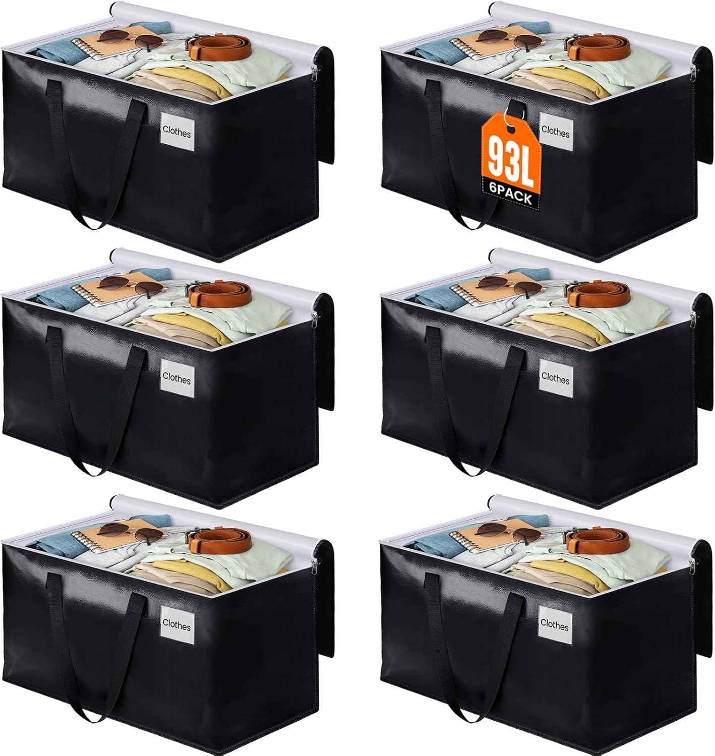 BlissTotes  6 Pack 93L Heavy Duty Moving Bags with Reinforced Handles and Tag Pocket Extra Large Water-Resistant Storage Totes with Double Zippers Collapsible Packing Boxes for College Dorm and Family Black