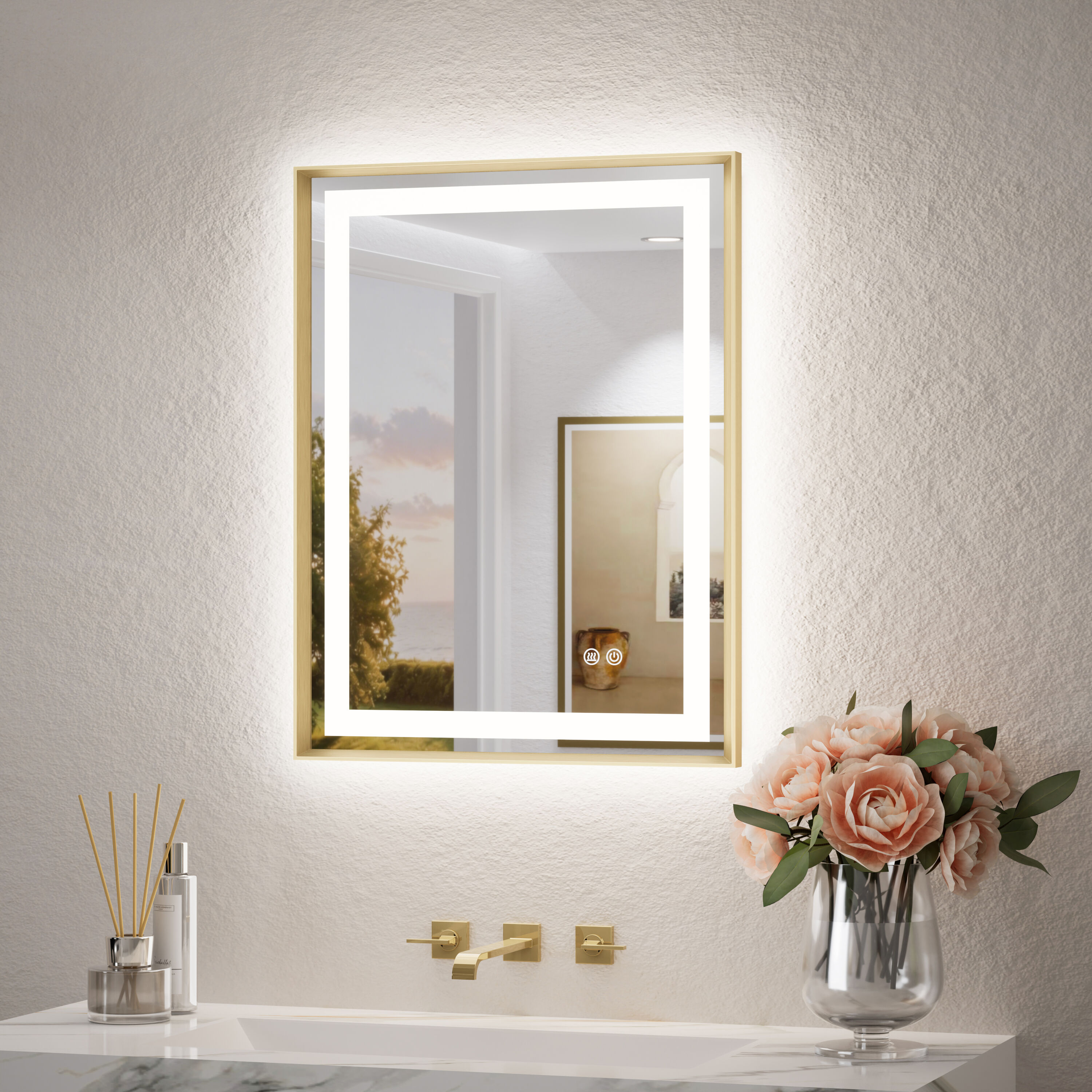 TETOTE 20x28 Inch Brushed Gold Beveled Framed Rectangle Dimmable LED Lighted Fog Free Bathroom Vanity Mirror