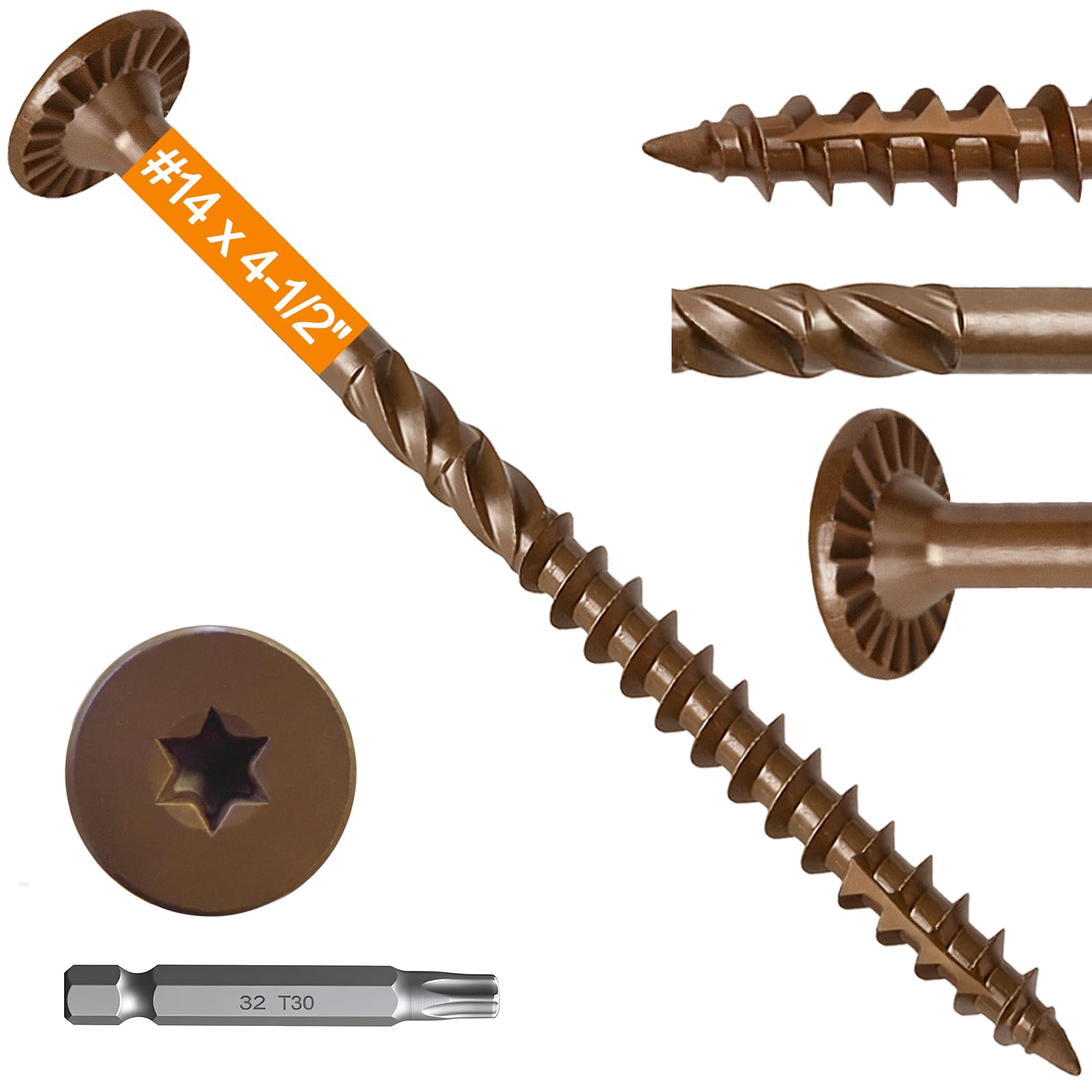 KHKFY  Wood Screws Number Fourteen by Four and One Half Inch Structural Deck Screws with Upgraded Thread Heavy Duty Construction Lag Screws