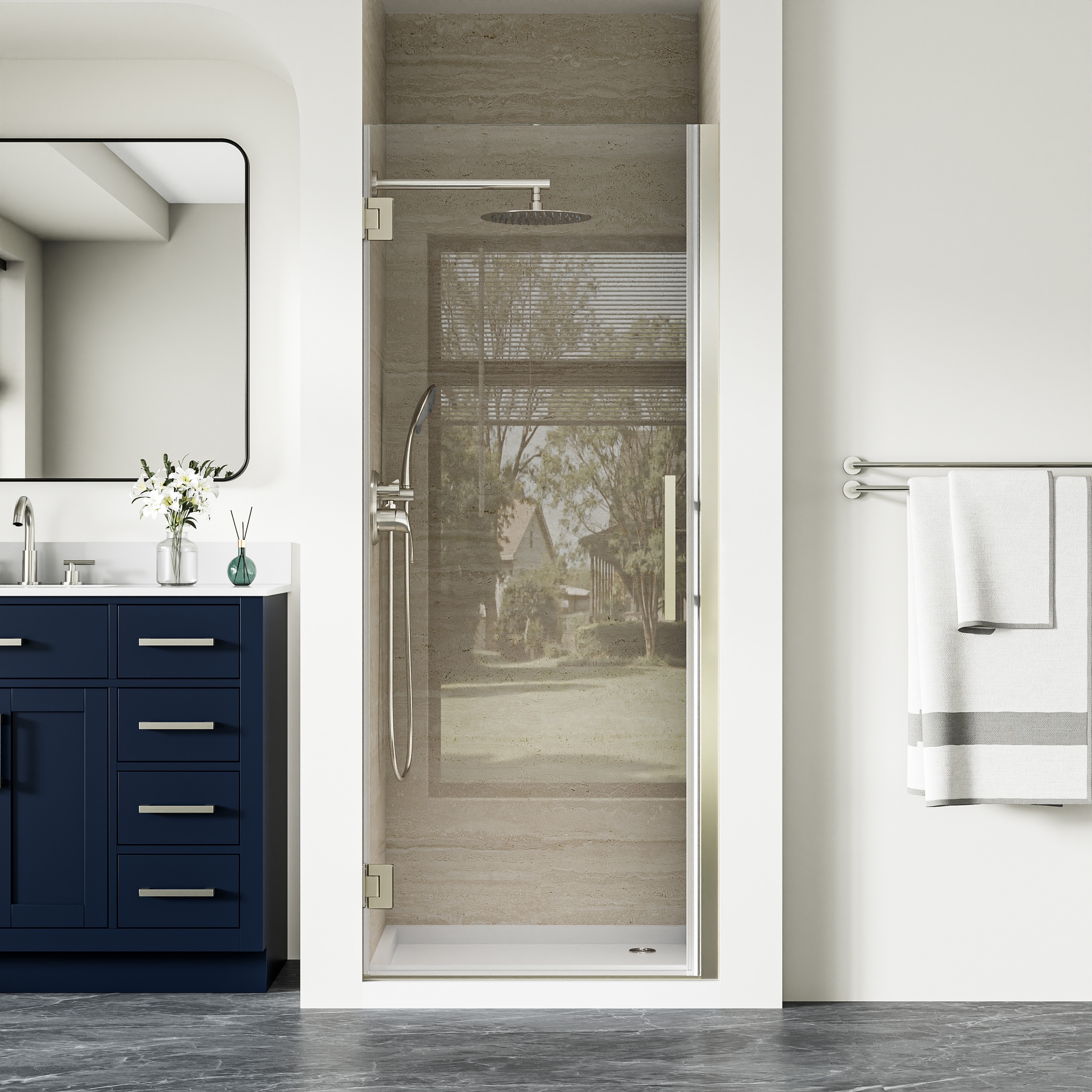 Forclover UNSD Reversible Door Brushed Nickel 30-in to 31-in W x 72-in H Frameless Clear Glass Hinged Shower door