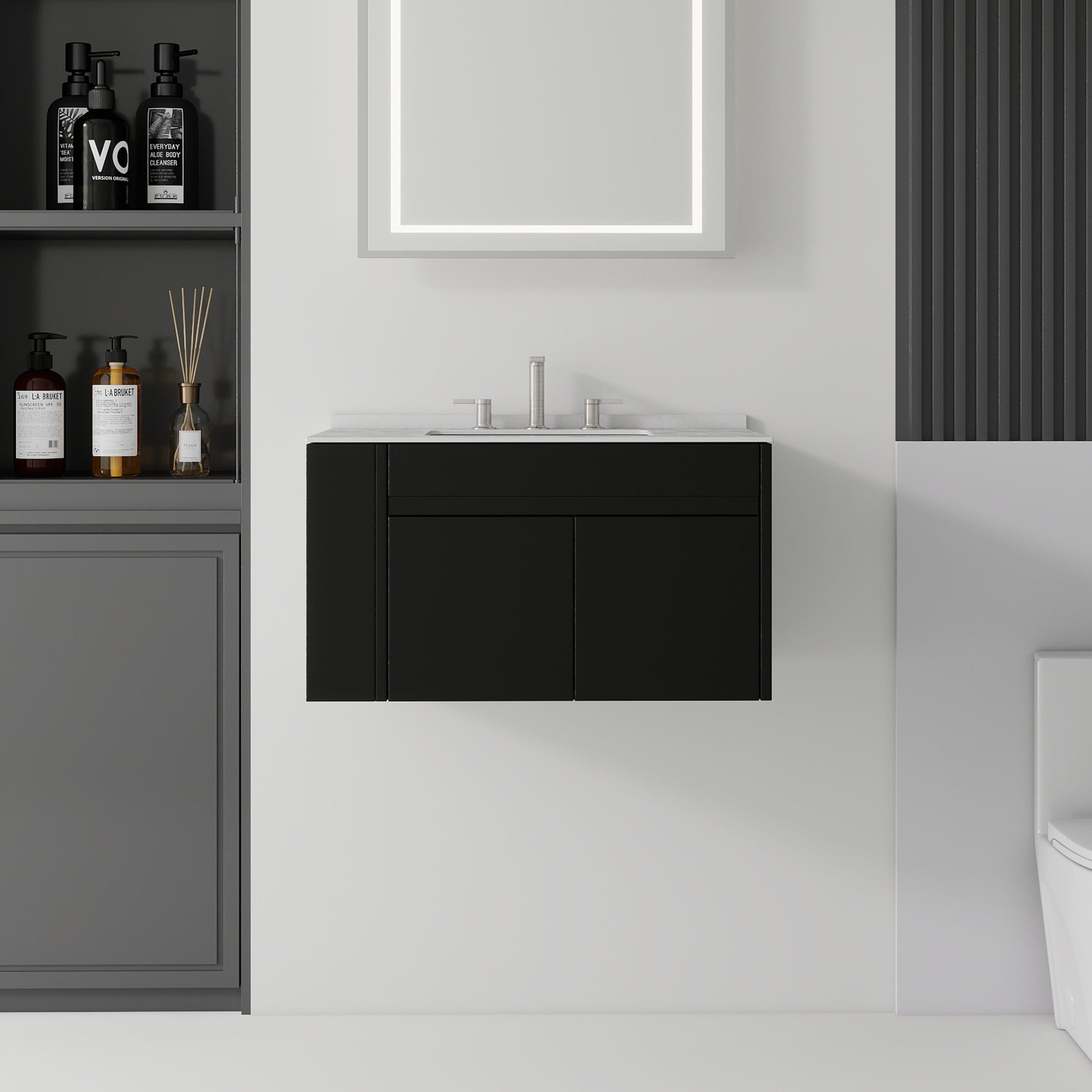 Basdien 30 in Black Floating Bathroom Vanity with Granite White Cultured Marble Countertop and Ceramic Sink Soft Close Door Wall Mounted Plywood Cabinet essentials towels toiletries easy clean glossy basin overflow protection predrilled faucet